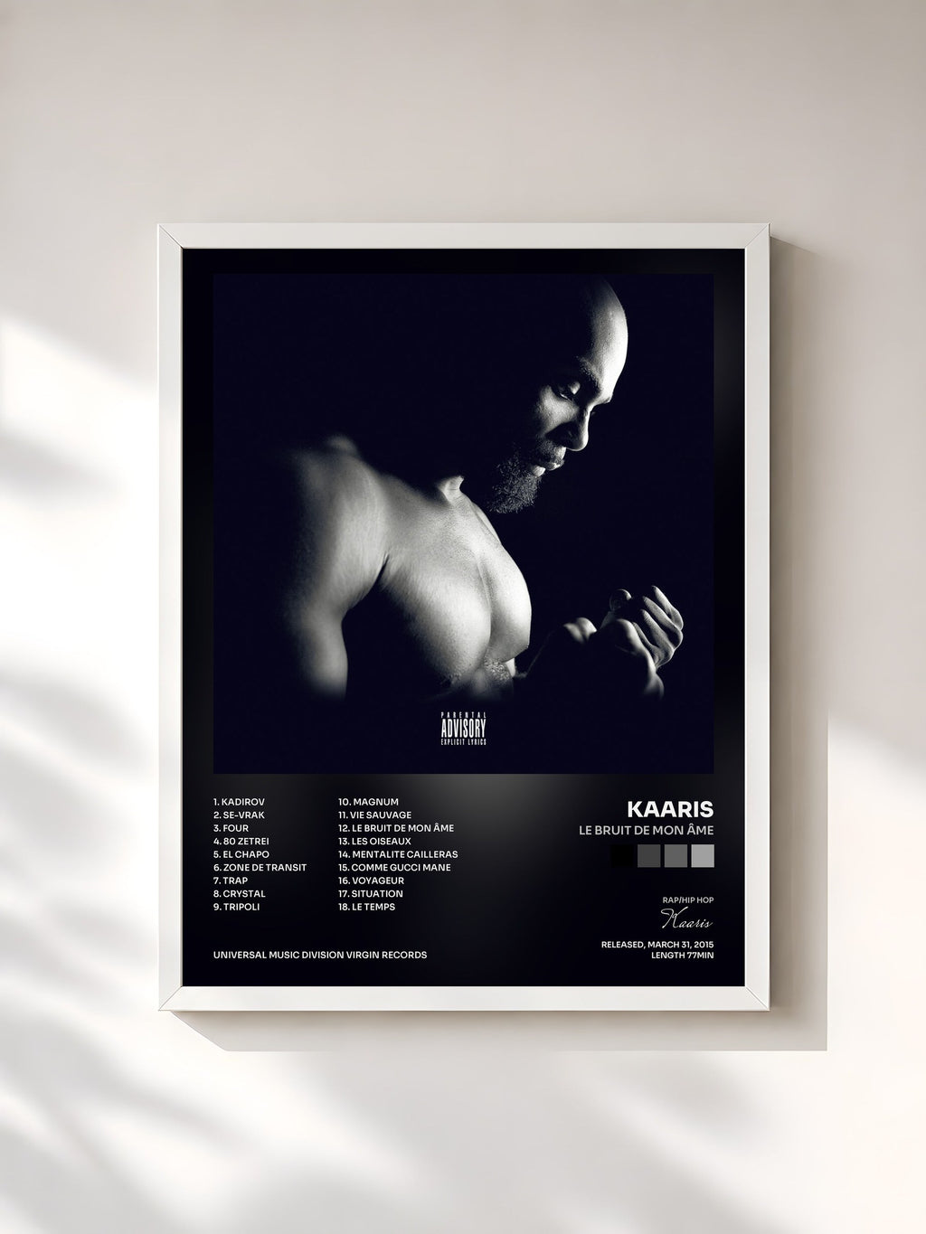 #blanc Tableau de l'album Le bruit de mon âme de Kaaris, cadre blanc, imprimé et encadré en France