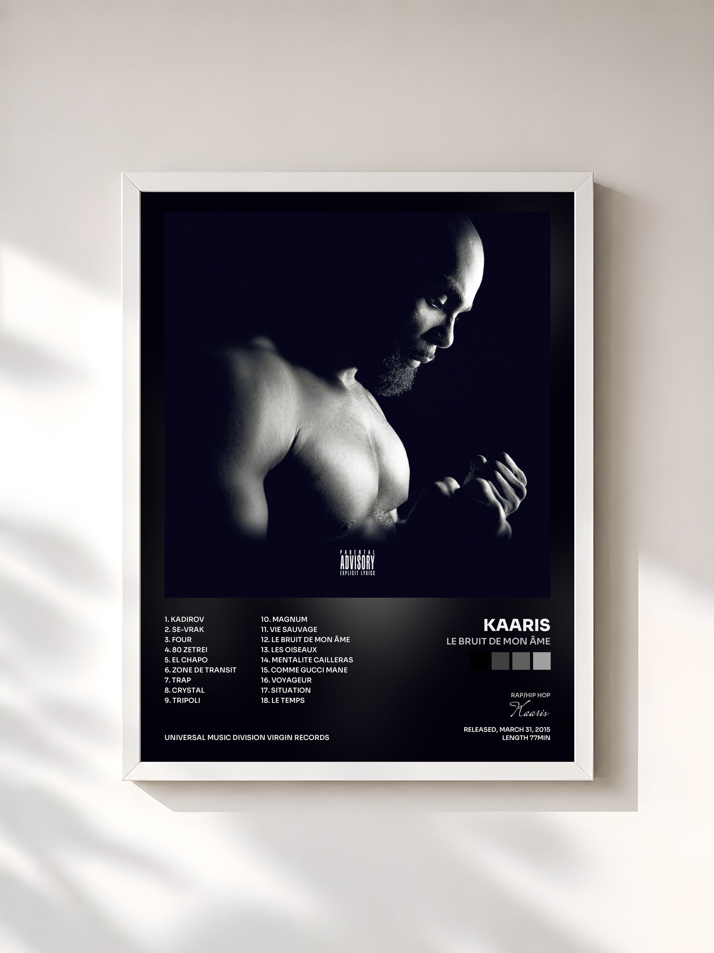 #blanc Tableau de l'album Le bruit de mon âme de Kaaris, cadre blanc, imprimé et encadré en France