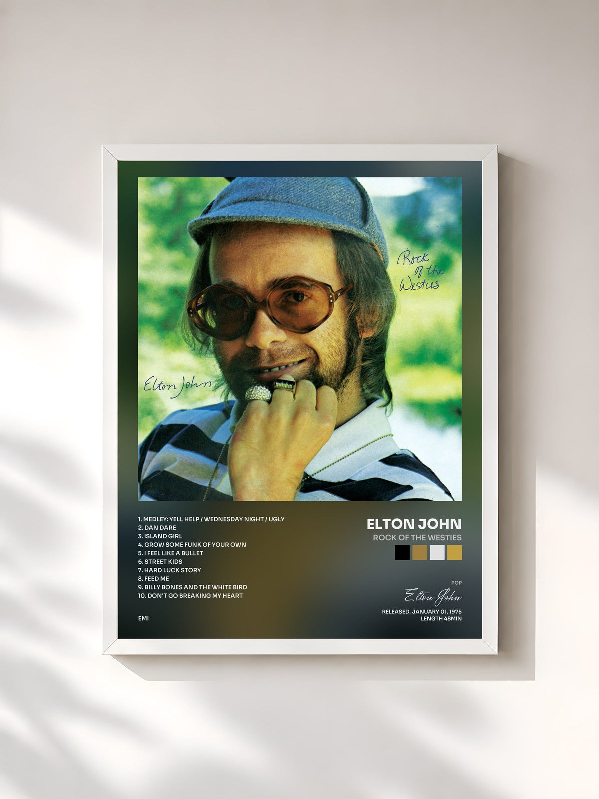 #blanc Tableau de l'album Rock Of The Westies de Elton John, cadre blanc, imprimé et encadré en France