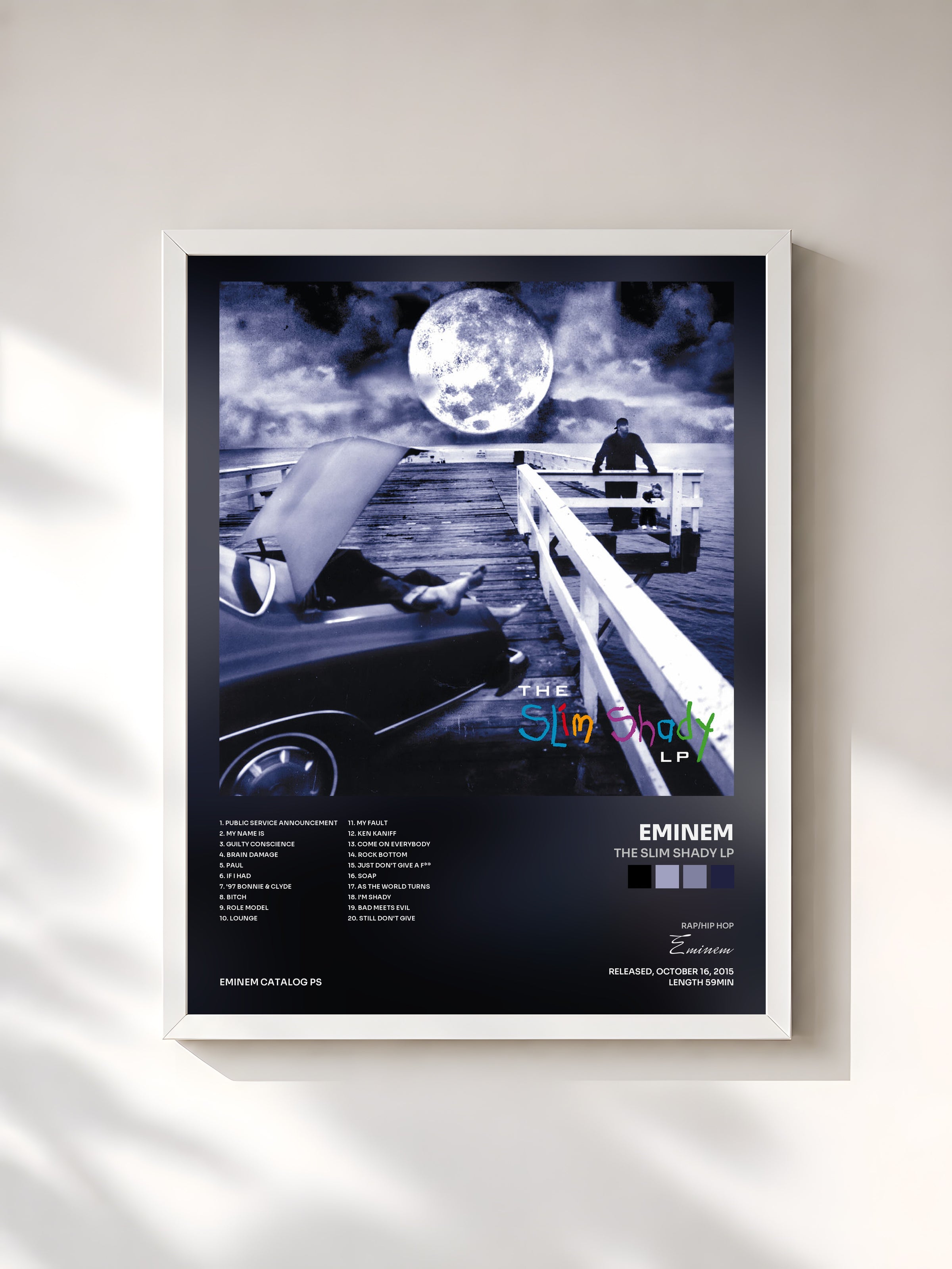 #blanc Tableau de l'album The Slim Shady LP de Eminem, cadre blanc, imprimé et encadré en France