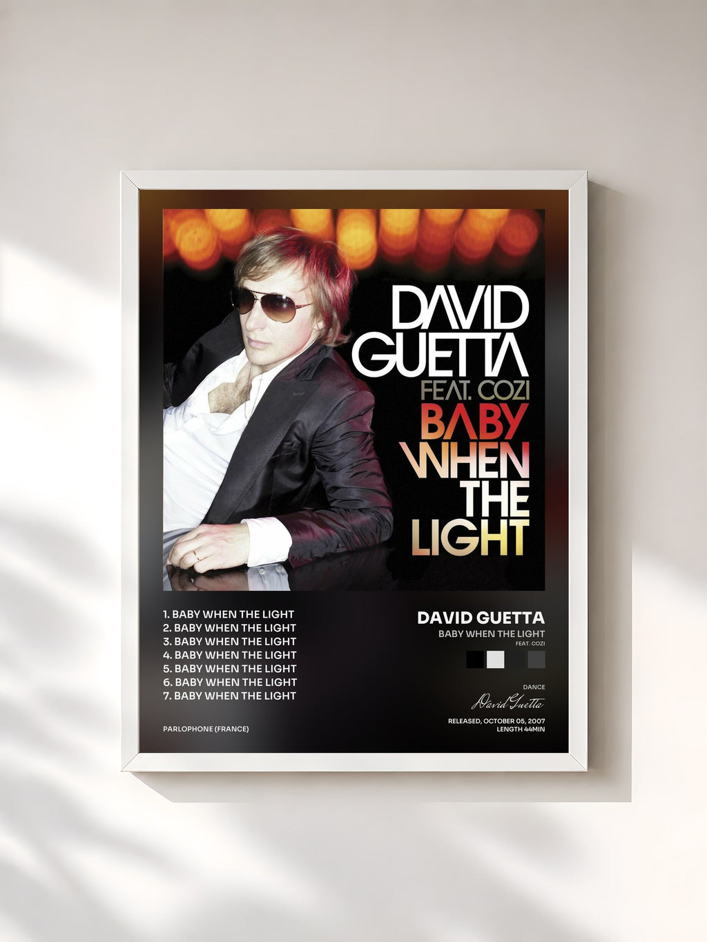 #blanc Tableau de l'album Baby When The Light (feat. Cozi) de David Guetta, cadre blanc, imprimé et encadré en France