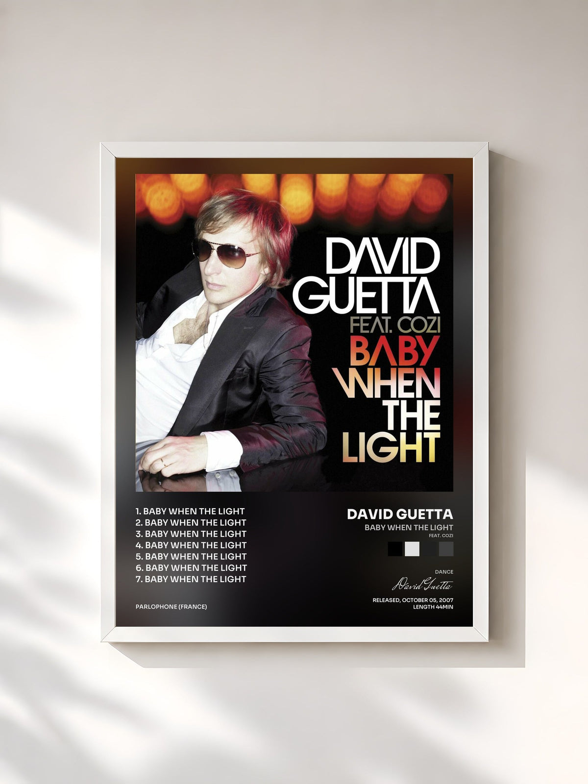 #blanc Tableau de l'album Baby When The Light (feat. Cozi) de David Guetta, cadre blanc, imprimé et encadré en France