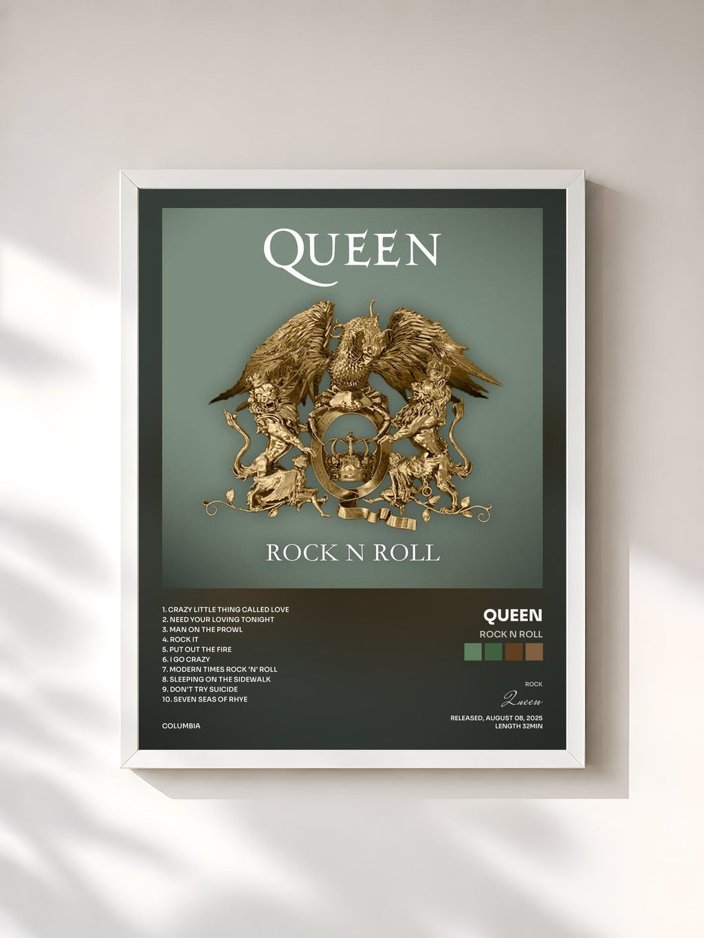 #blanc Tableau de l'album Rock N Roll de Queen, cadre blanc, imprimé et encadré en France