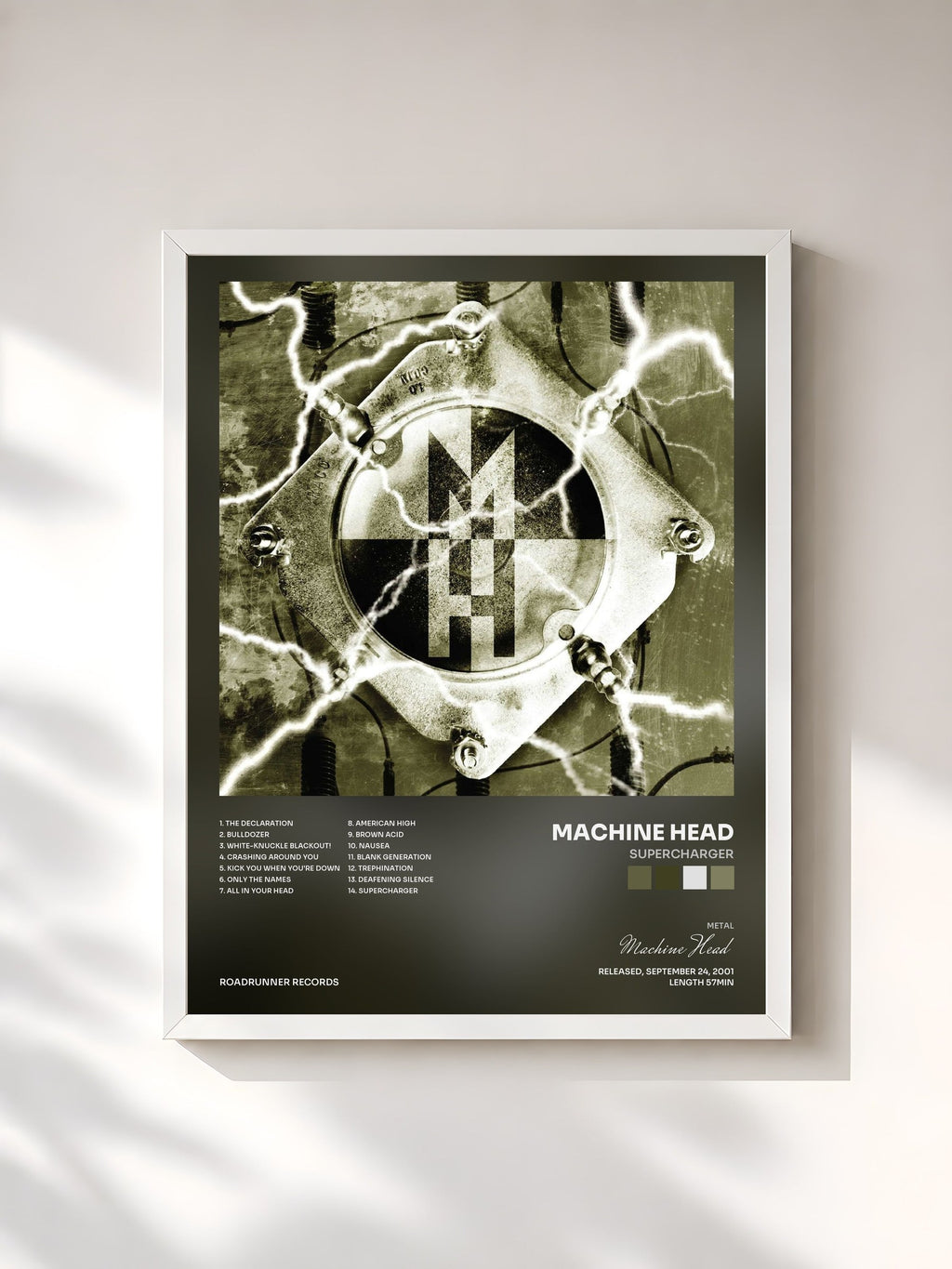 #blanc Tableau de l'album Supercharger de Machine Head, cadre blanc, imprimé et encadré en France