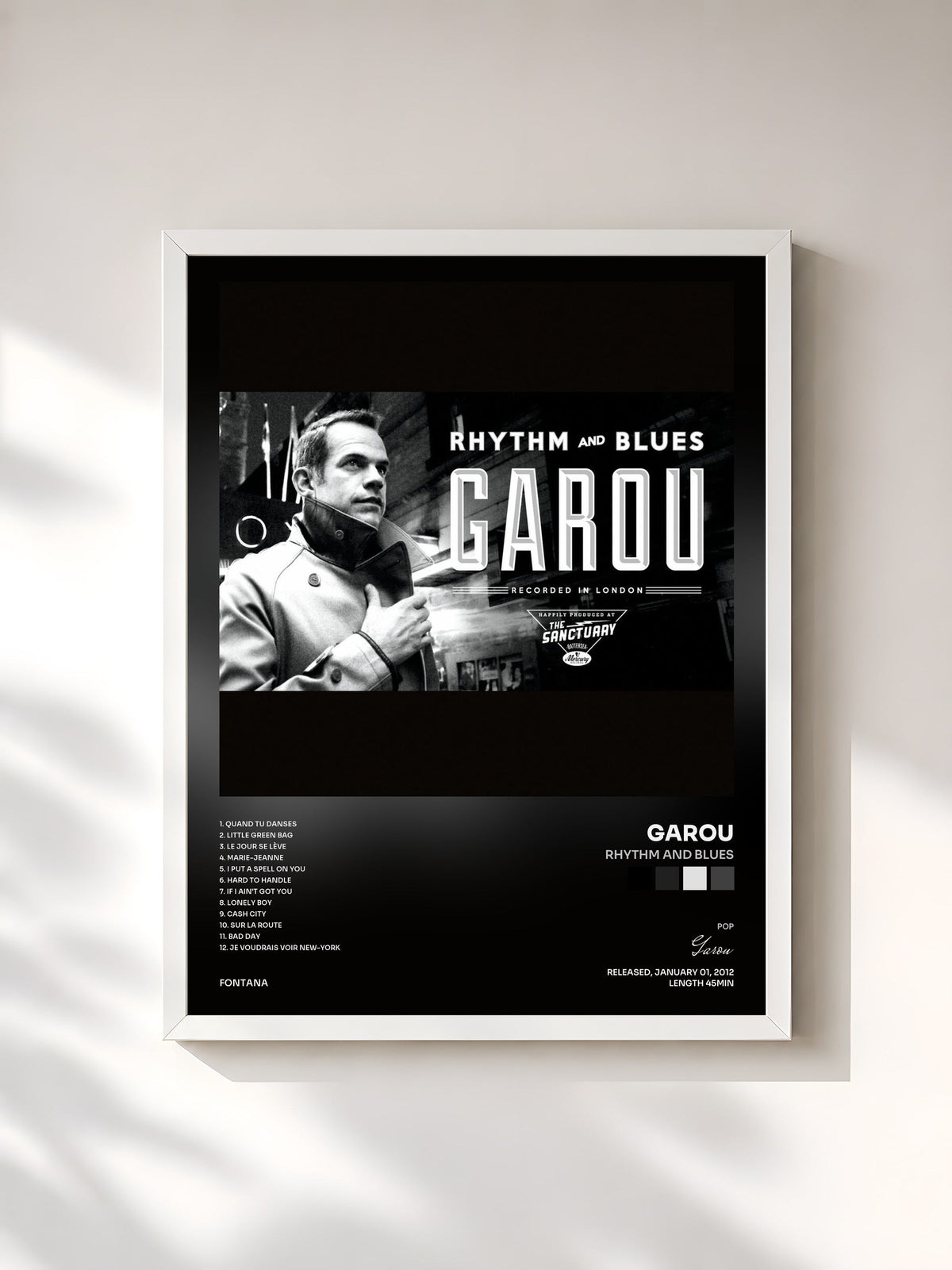 #blanc Rhythm And Blues by Garou as a framed art print, white frame, printed and framed in France