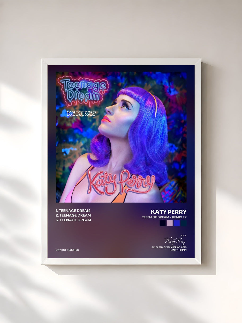 #blanc Tableau de l'album Teenage Dream - Remix EP de Katy Perry, cadre blanc, imprimé et encadré en France