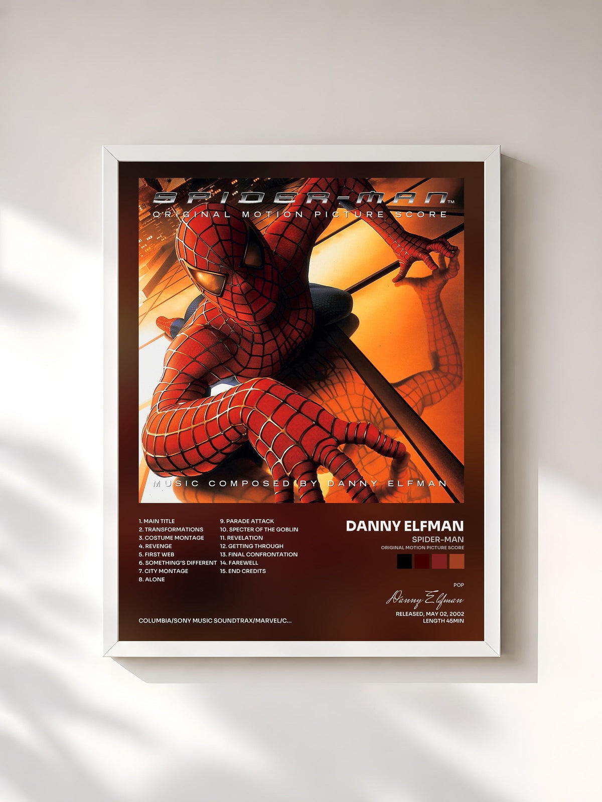 #blanc Tableau de l'album Spider-Man (Original Motion Picture Score) de Danny Elfman, cadre blanc, imprimé et encadré en France