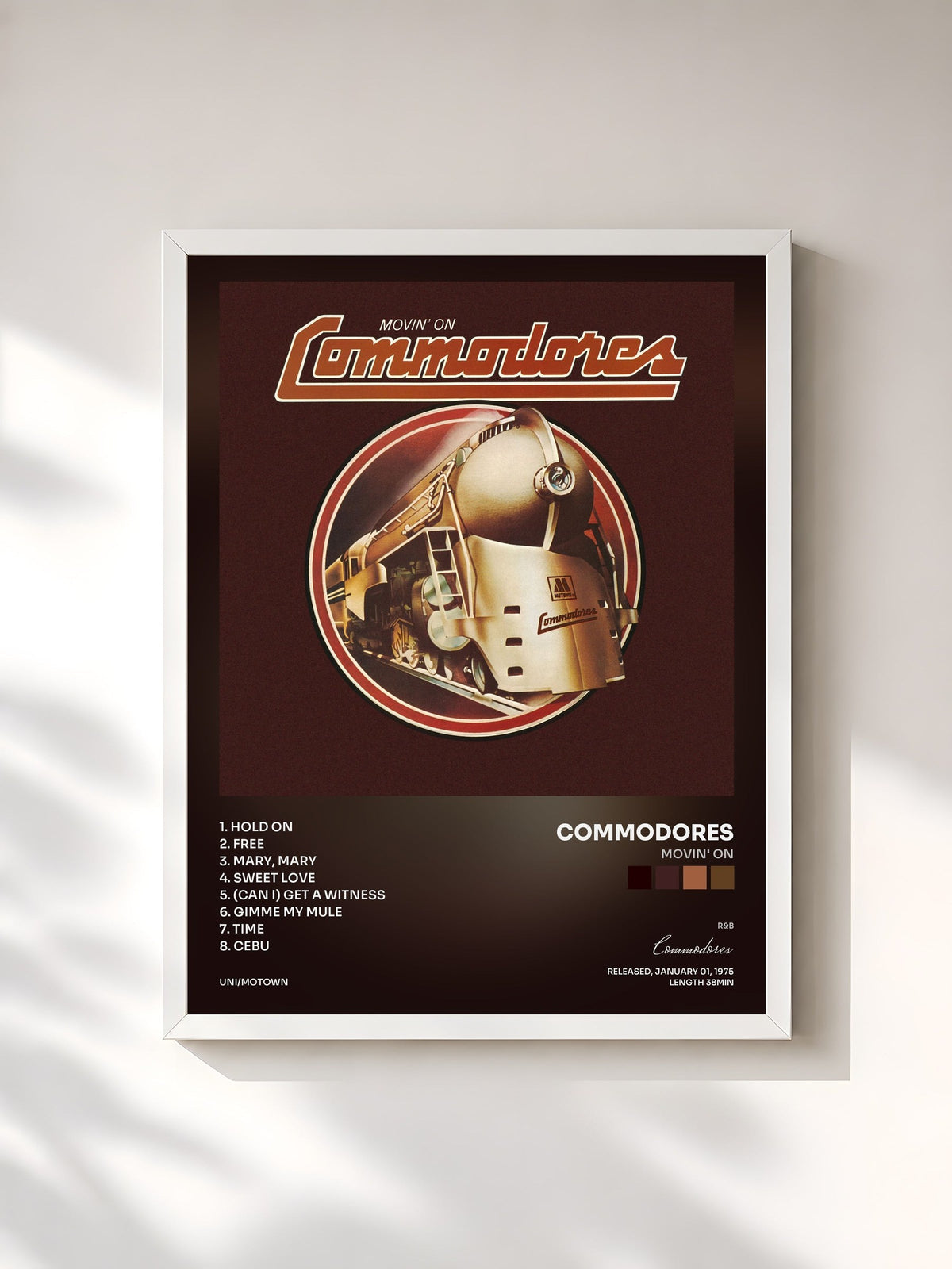 #blanc Tableau de l'album Movin' On de Commodores, cadre blanc, imprimé et encadré en France