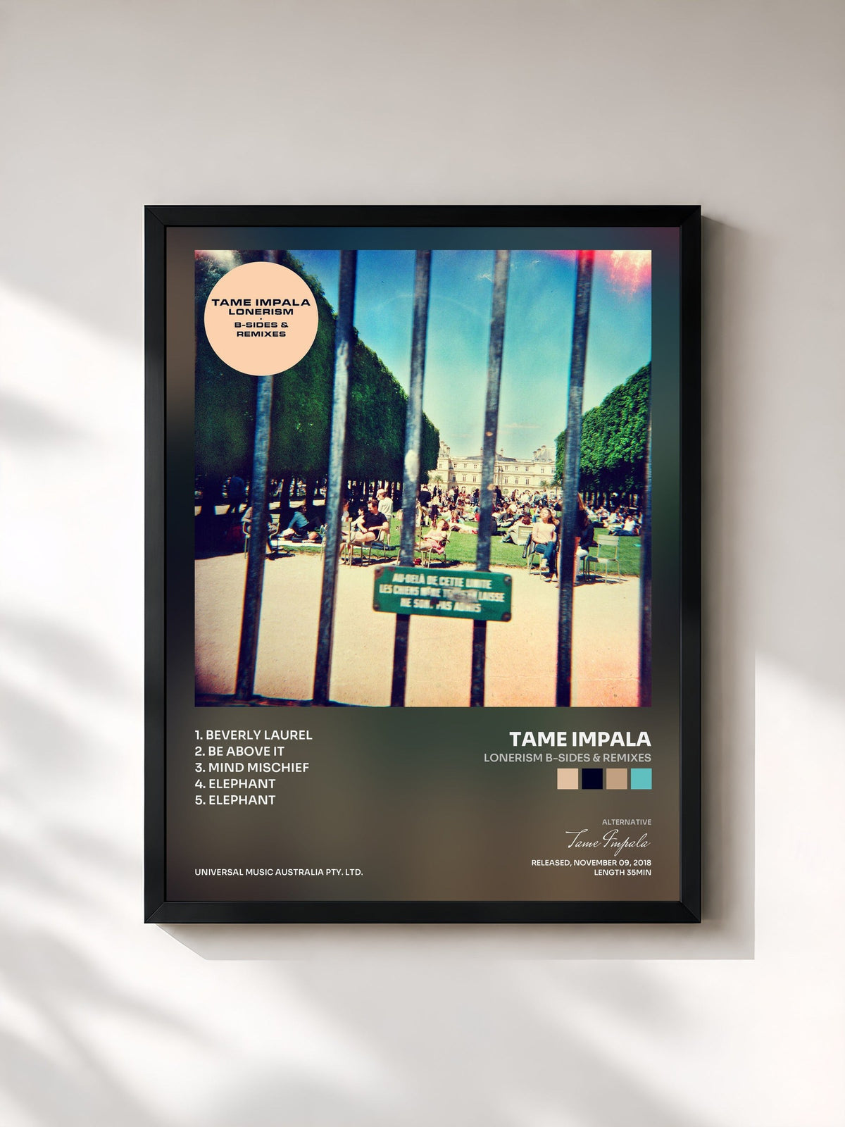 #noir Tableau de l'album Lonerism B-Sides & Remixes de Tame Impala, cadre noir, imprimé et encadré en France