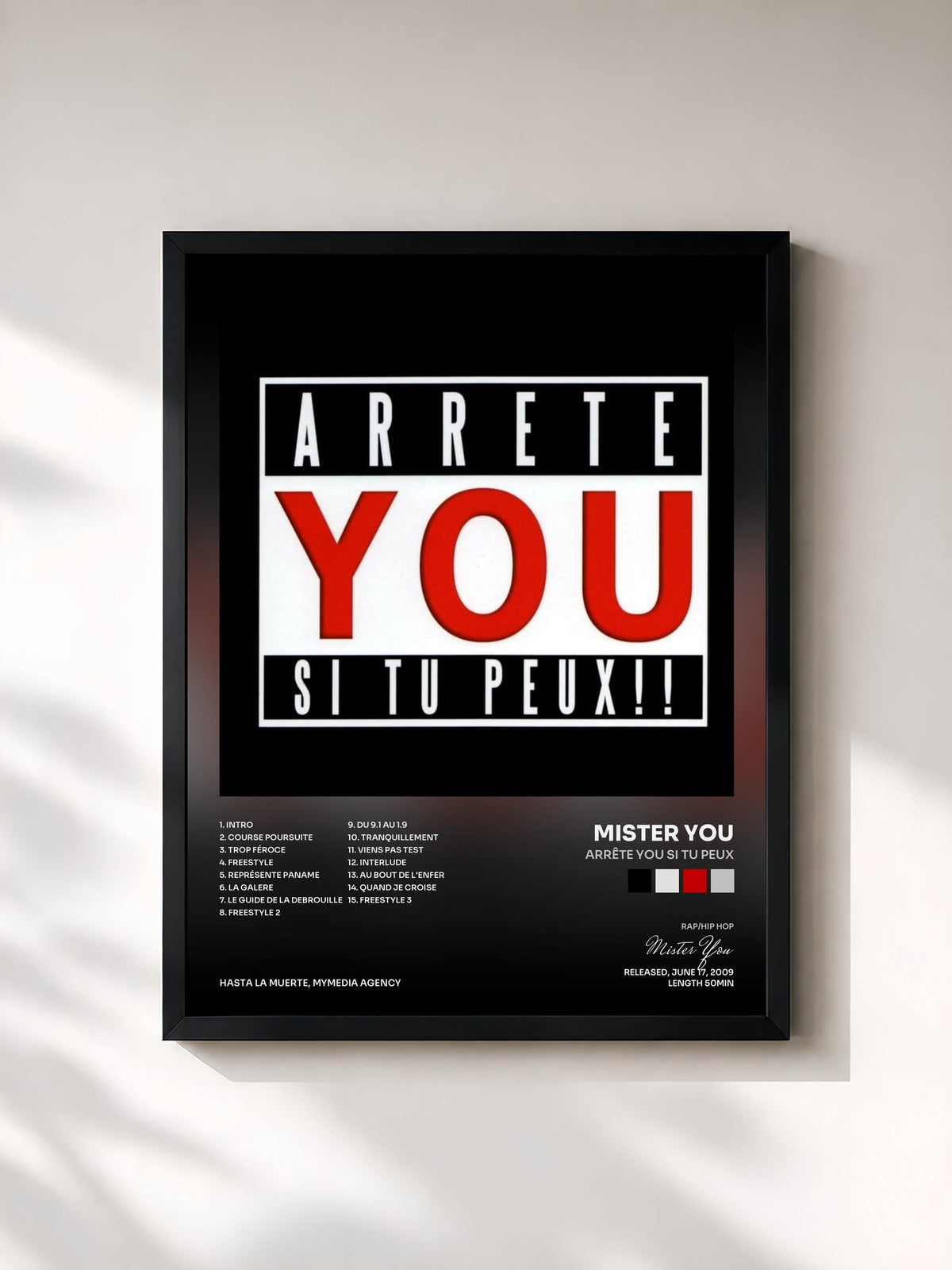 #noir Tableau de l'album Arrête You Si Tu Peux de Mister You, cadre noir, imprimé et encadré en France