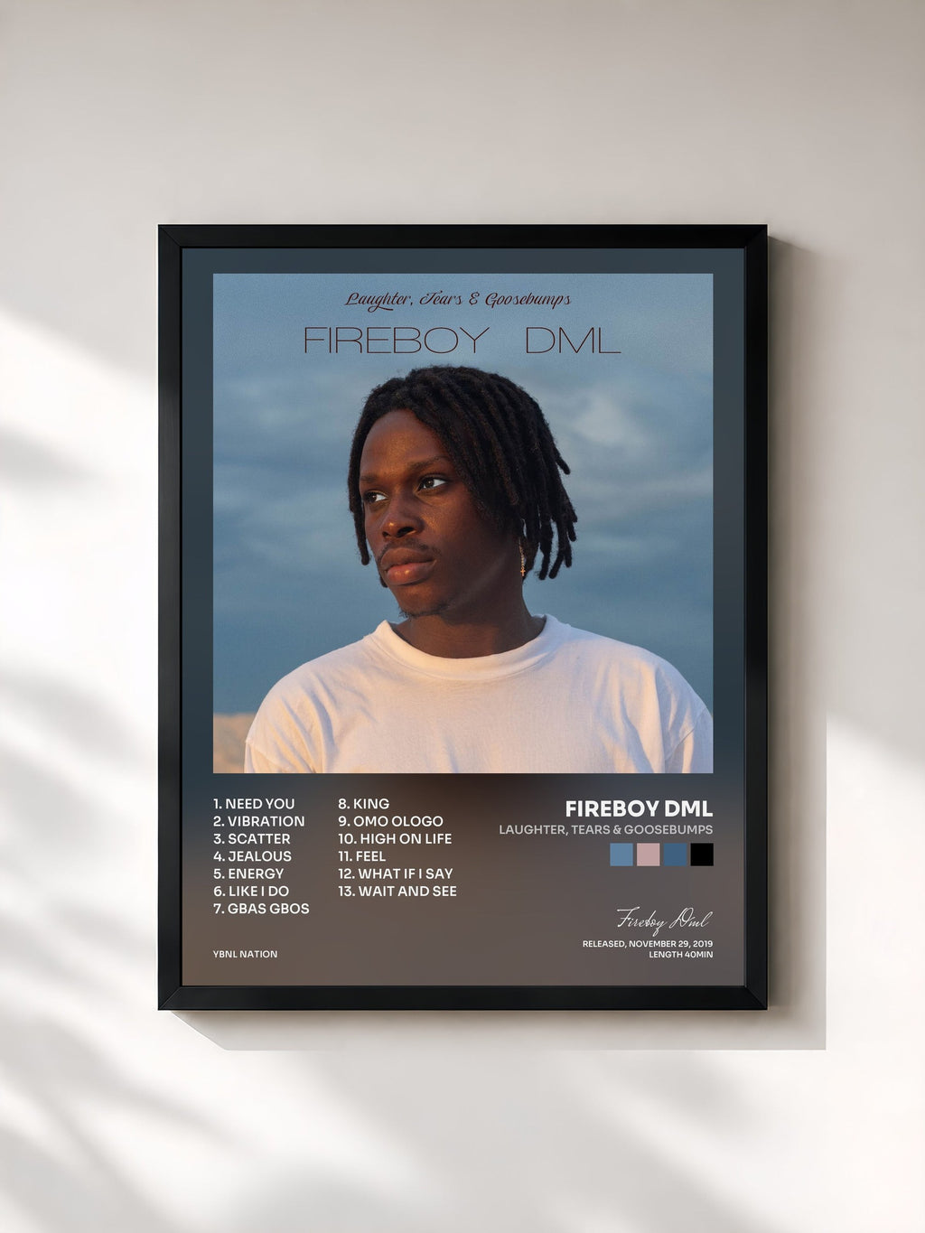 #noir Tableau de l'album Laughter, Tears & Goosebumps de Fireboy Dml, cadre noir, imprimé et encadré en France