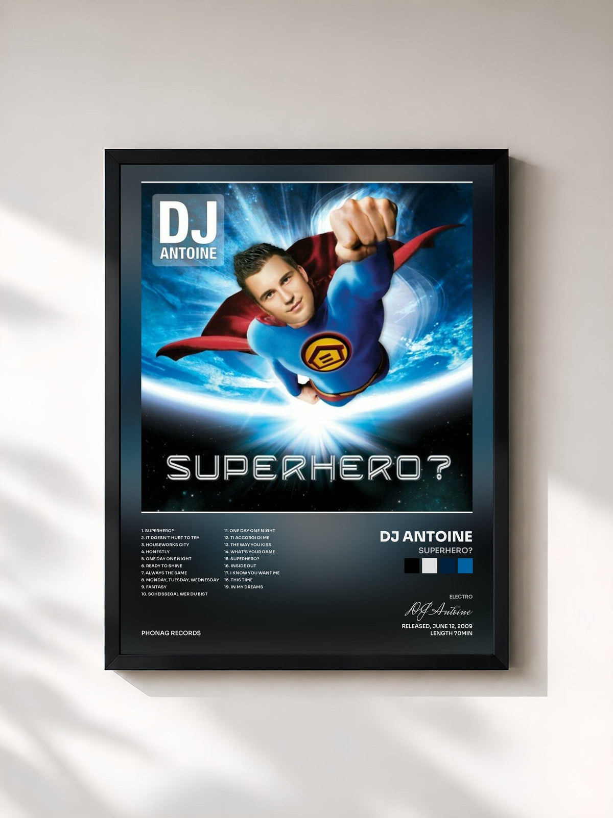 #noir Tableau de l'album Superhero? de DJ Antoine, cadre noir, imprimé et encadré en France