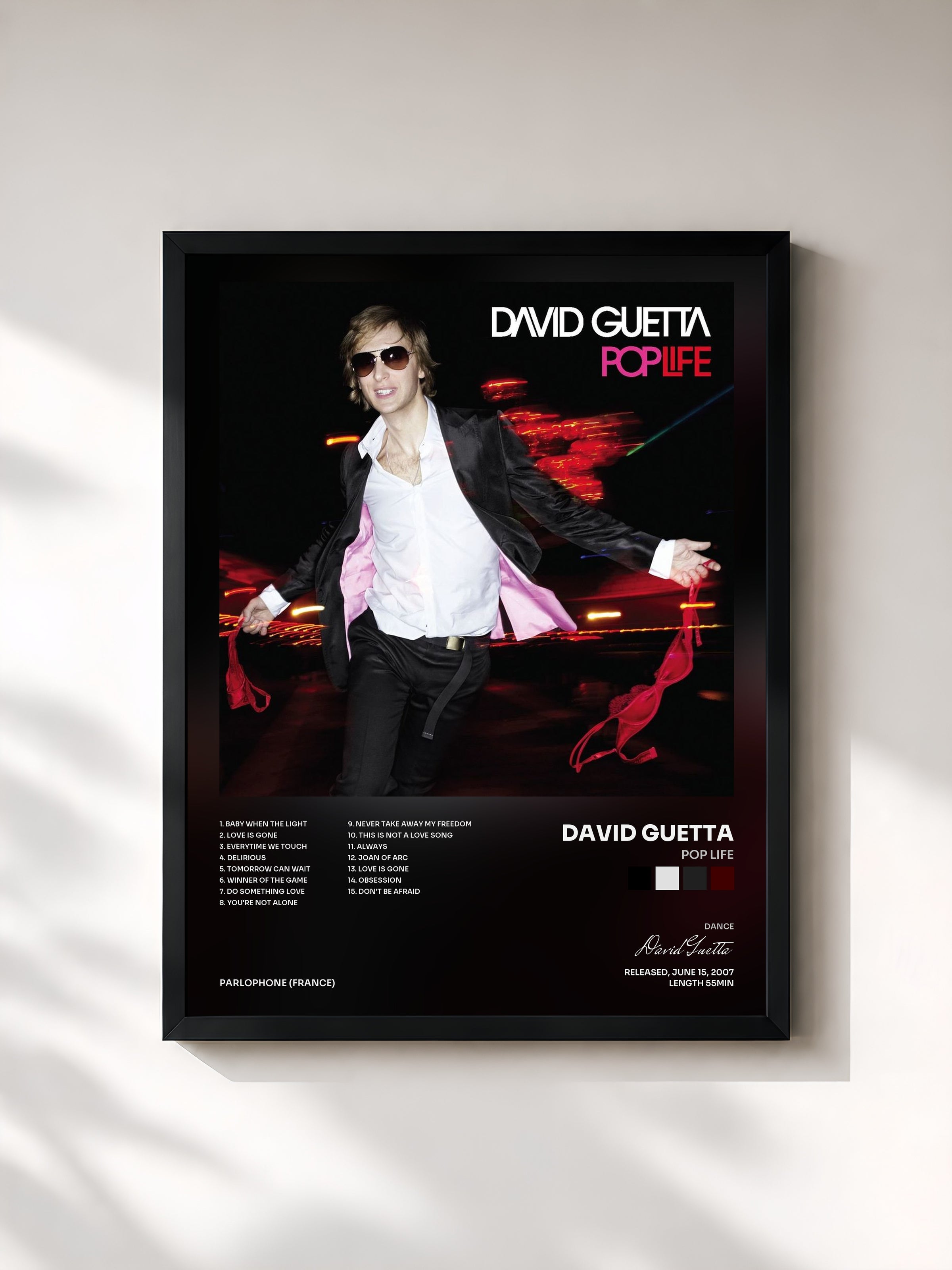 #noir Tableau de l'album Pop Life de David Guetta, cadre noir, imprimé et encadré en France
