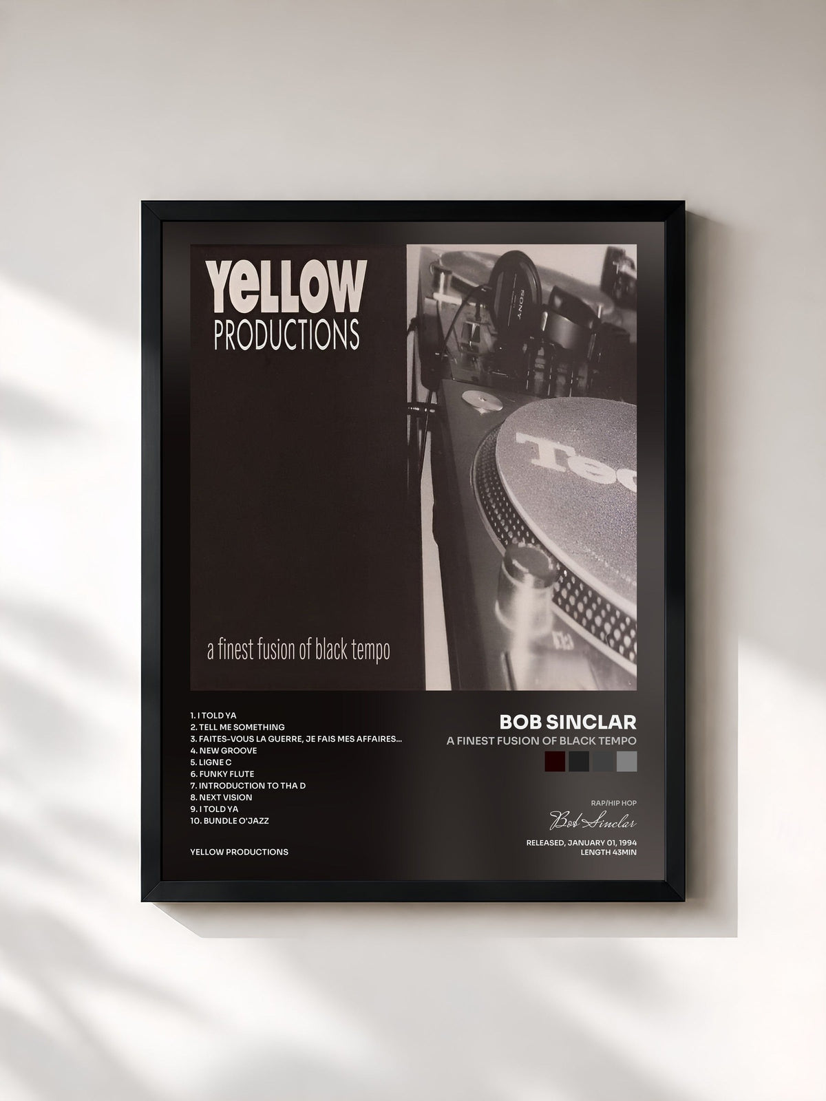 #noir Tableau de l'album A Finest Fusion of Black Tempo de Bob Sinclar, cadre noir, imprimé et encadré en France