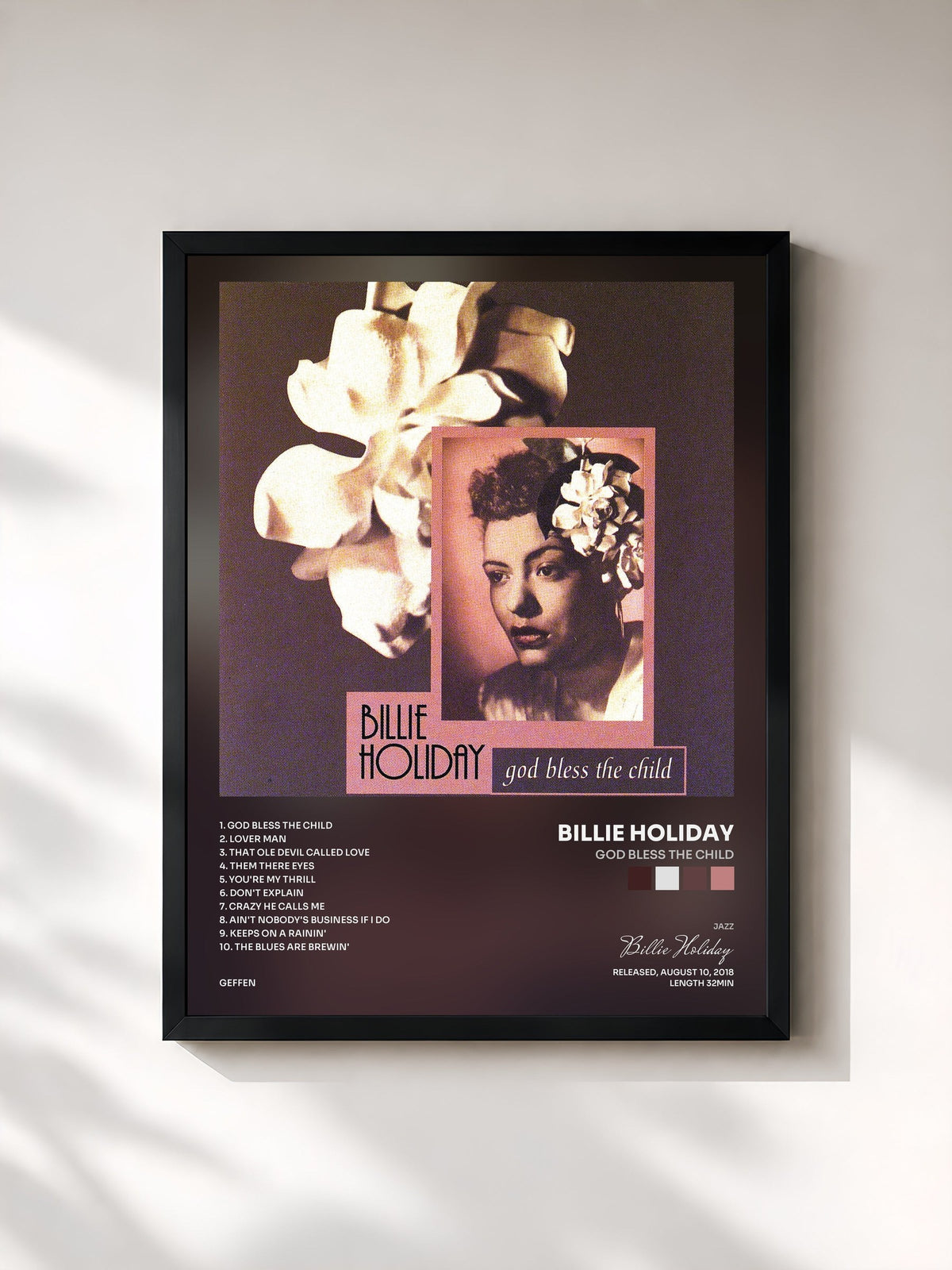 #noir Tableau de l'album God Bless The Child de Billie Holiday, cadre noir, imprimé et encadré en France