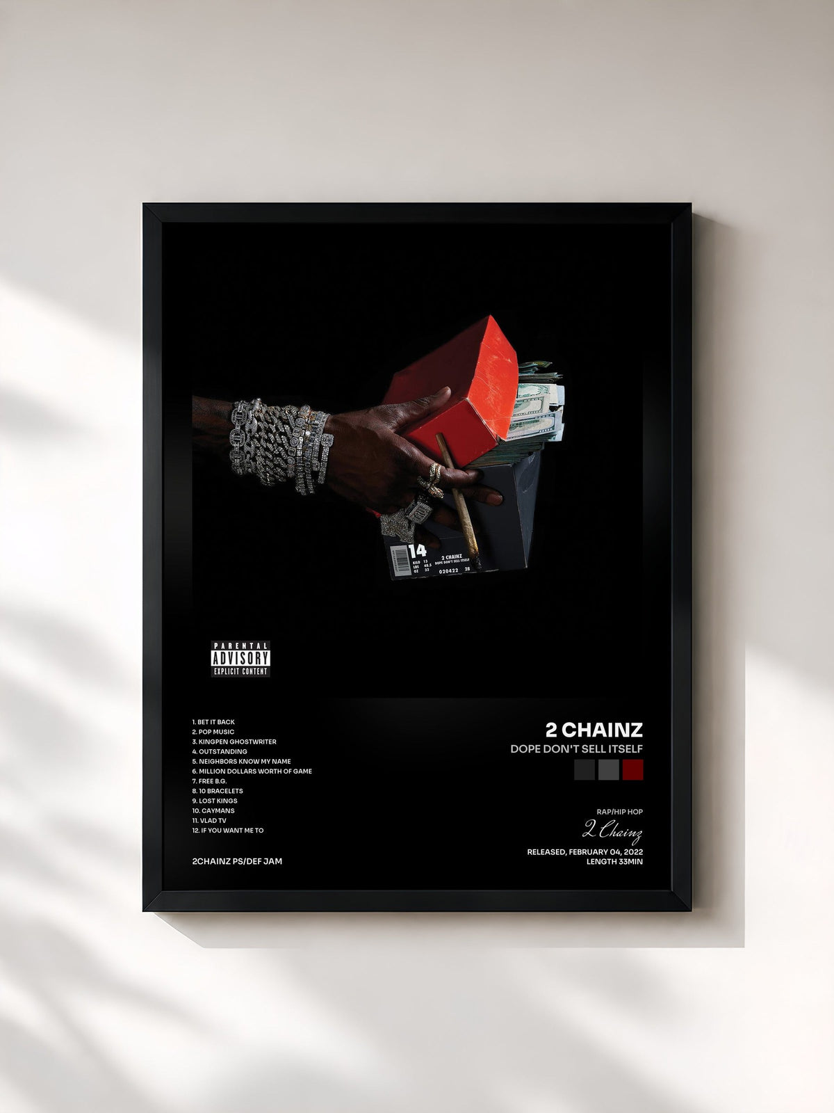 #noir Tableau de l'album Dope Don't Sell Itself de 2 Chainz, cadre noir, imprimé et encadré en France