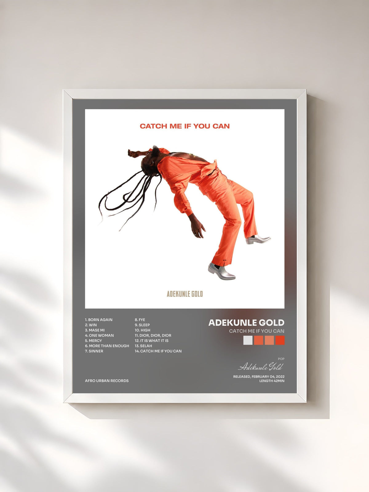#blanc Tableau de l'album Catch Me If You Can de Adekunle Gold, cadre blanc, imprimé et encadré en France
