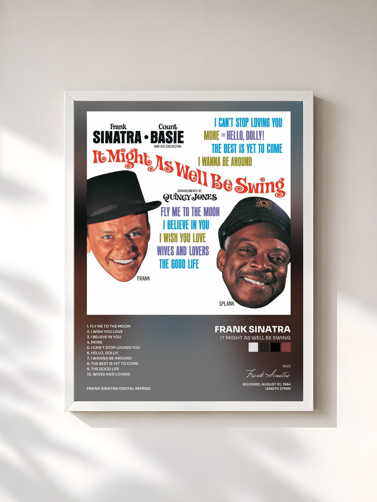 #blanc Tableau de l'album It Might As Well Be Swing de Frank Sinatra, cadre blanc, imprimé et encadré en France