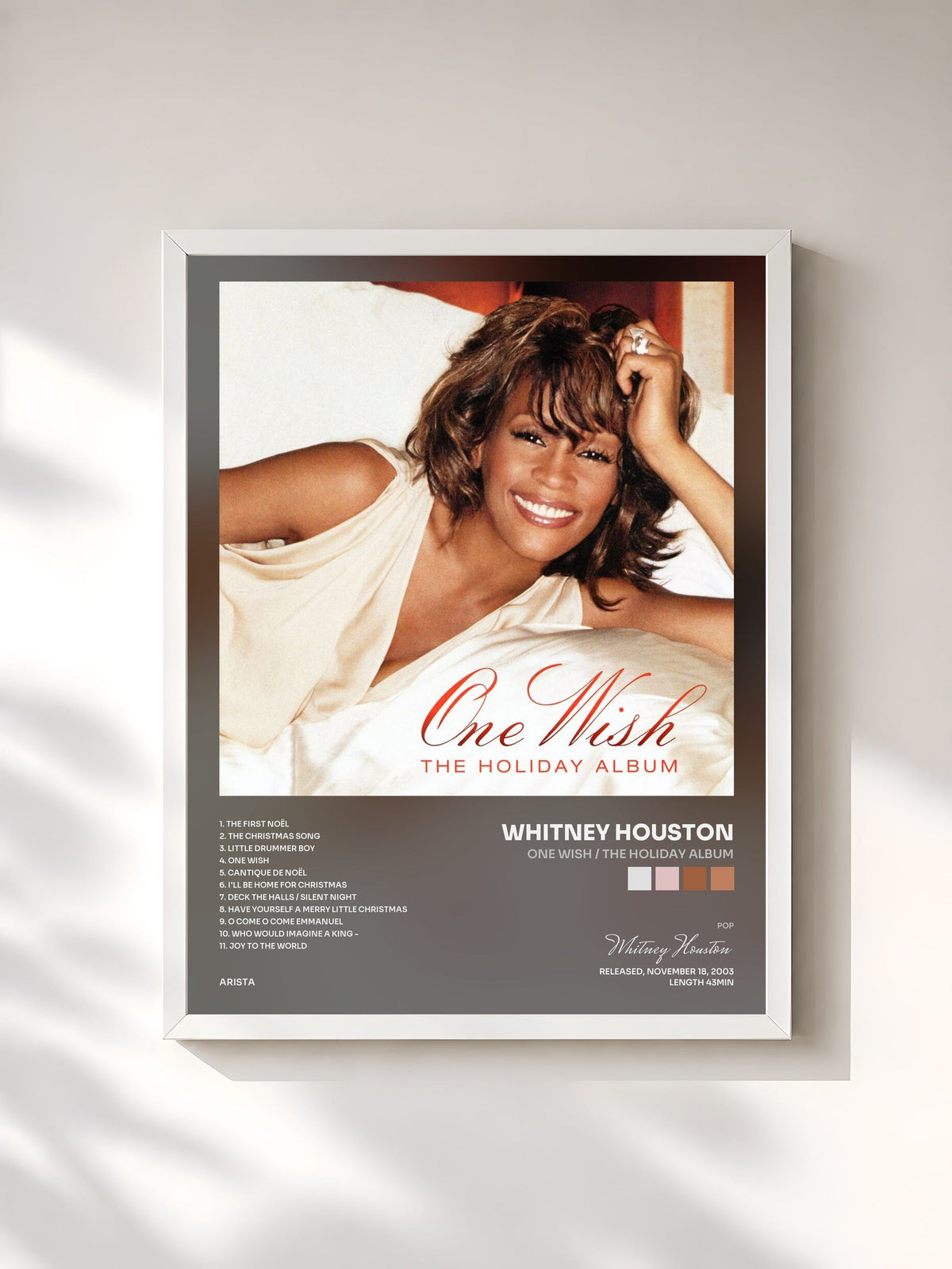 #blanc Tableau de l'album One Wish / The Holiday Album de Whitney Houston, cadre blanc, imprimé et encadré en France