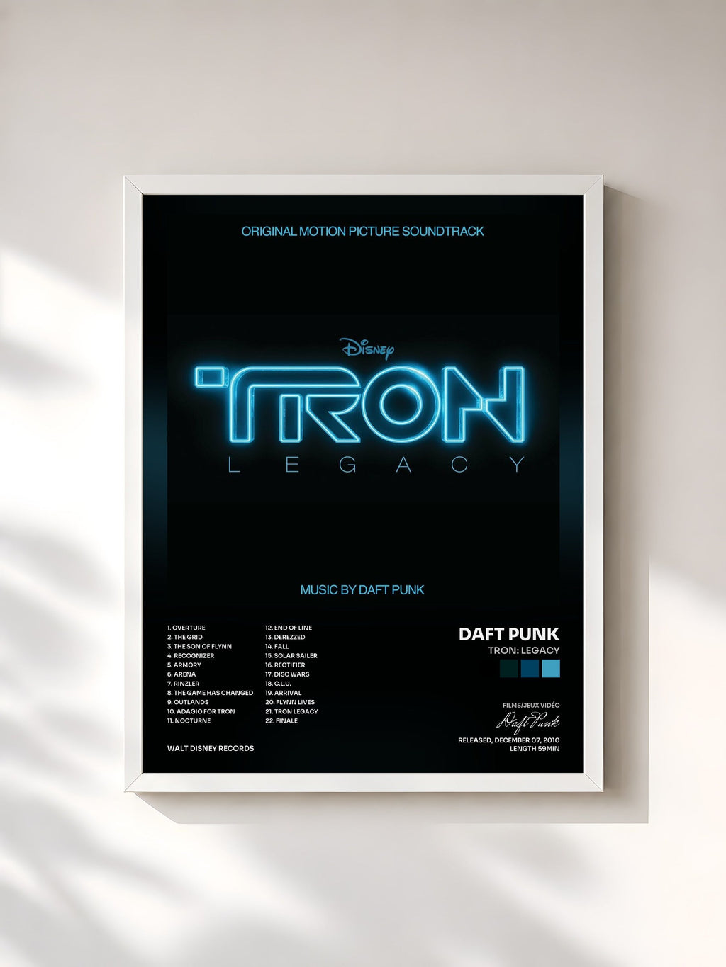 #blanc Tableau de l'album TRON: Legacy de Daft Punk, cadre blanc, imprimé et encadré en France