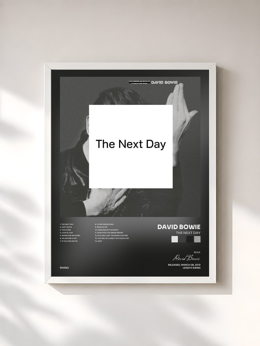 #blanc Tableau de l'album The Next Day de David Bowie, cadre blanc, imprimé et encadré en France