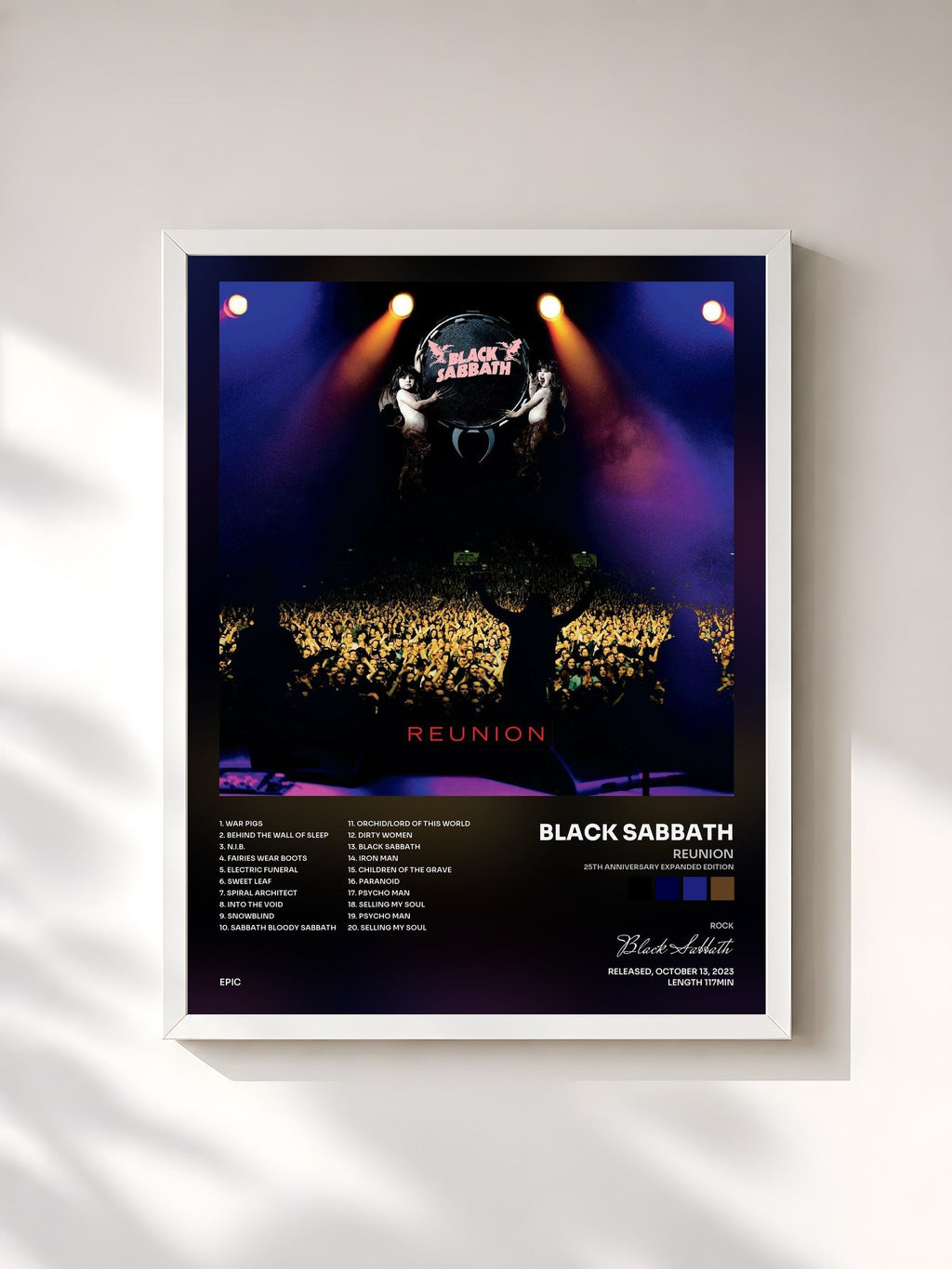 #blanc Tableau de l'album Reunion (25th Anniversary Expanded Edition) de Black Sabbath, cadre blanc, imprimé et encadré en France