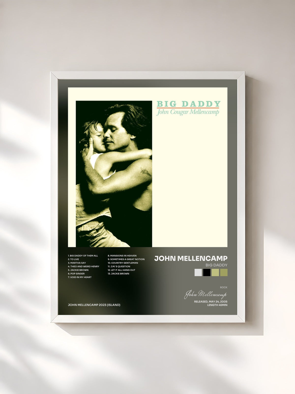 #blanc Big Daddy by John Mellencamp as a framed art print, white frame, printed and framed in France
