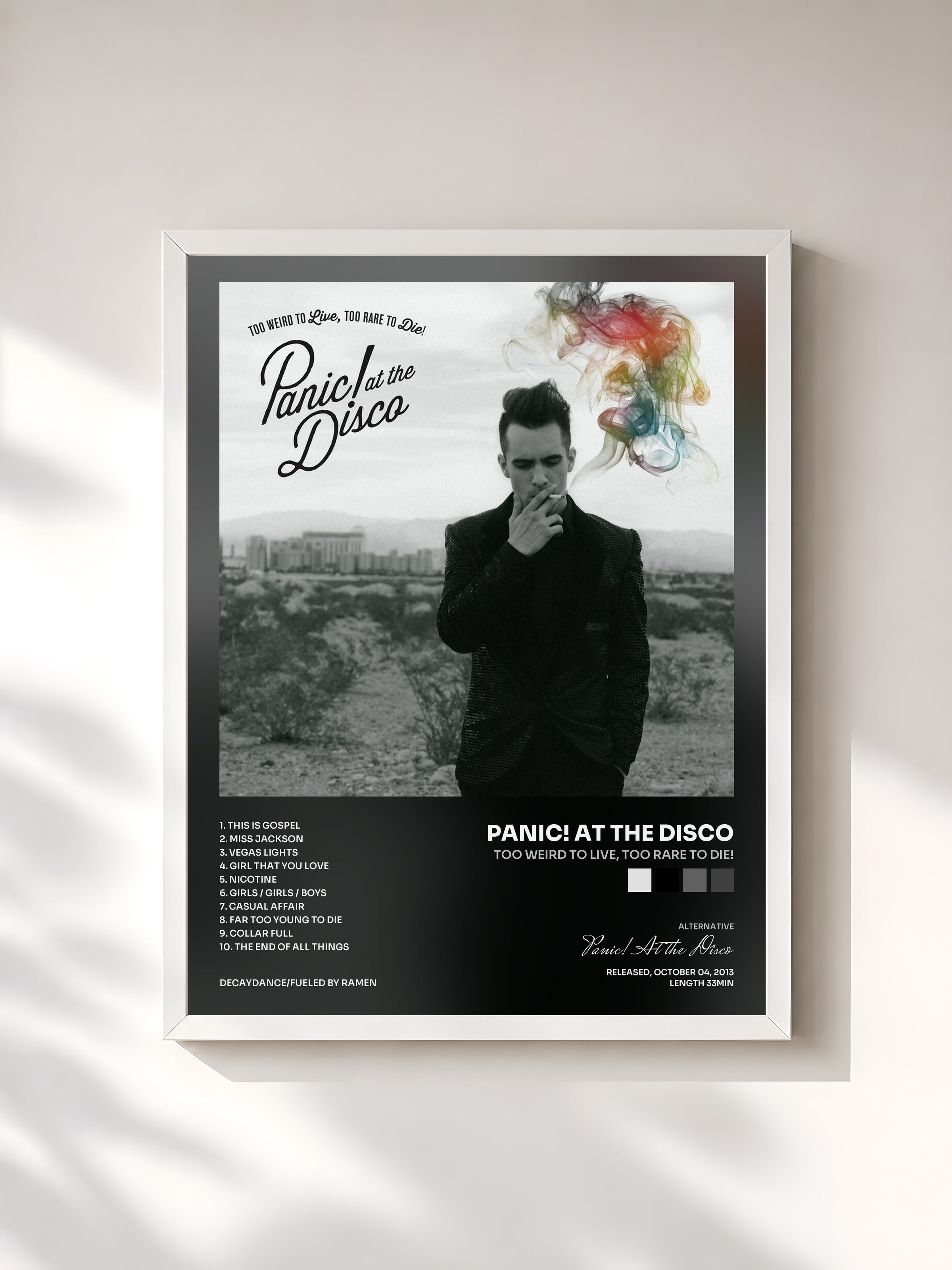 #blanc Tableau de l'album Too Weird to Live, Too Rare to Die! de Panic! At the Disco, cadre blanc, imprimé et encadré en France
