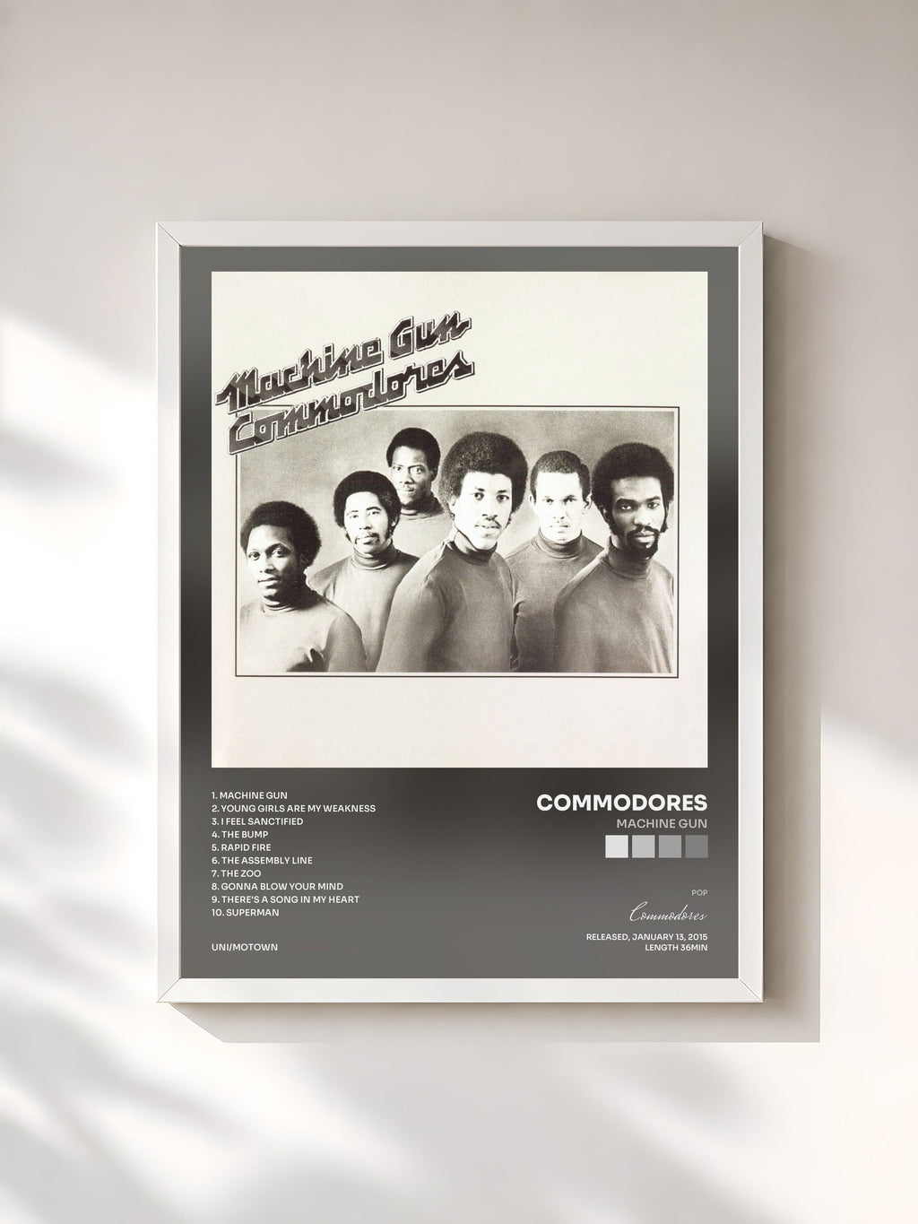 #blanc Tableau de l'album Machine Gun de Commodores, cadre blanc, imprimé et encadré en France
