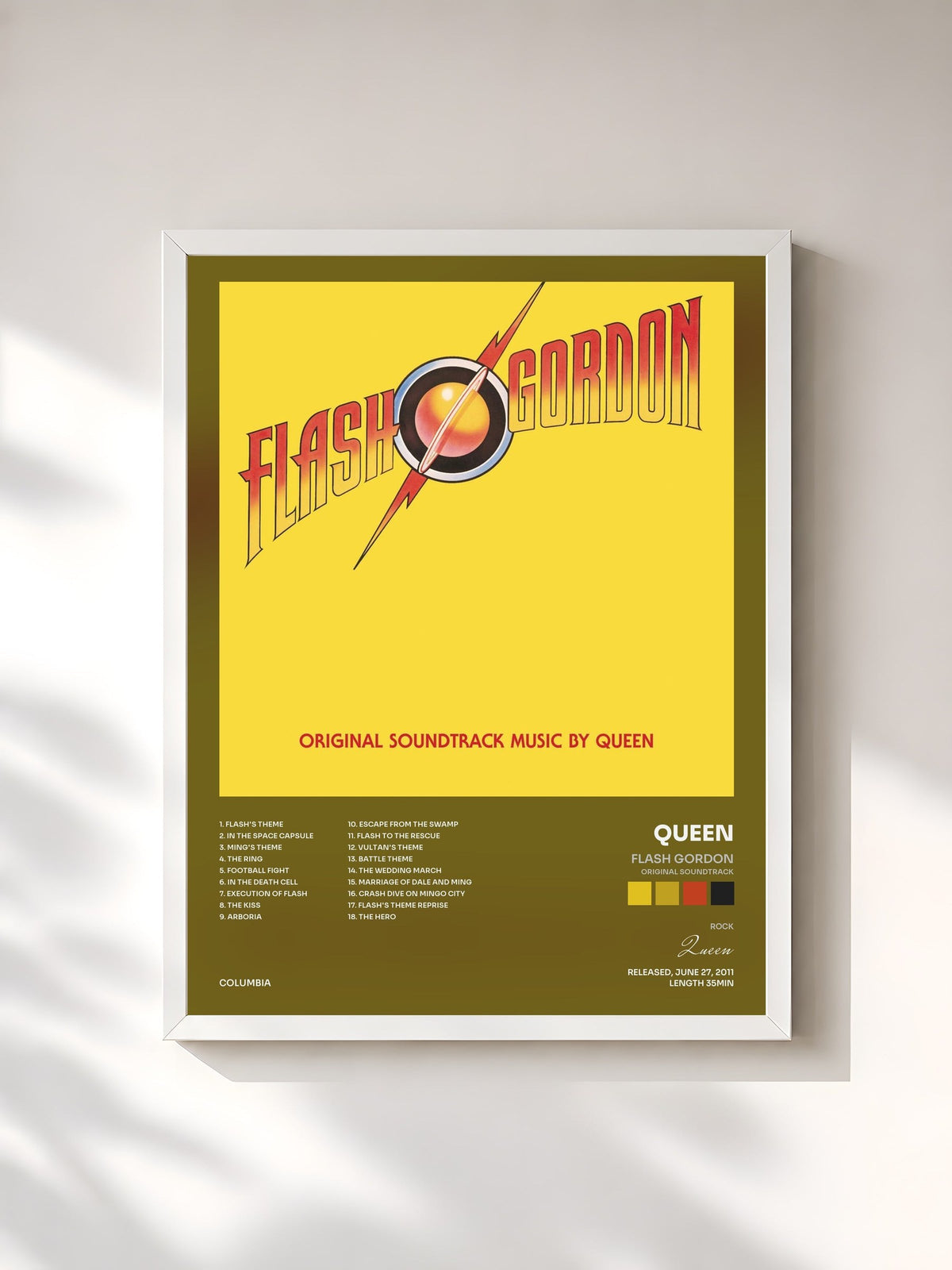 #blanc Tableau de l'album Flash Gordon (Original Soundtrack) de Queen, cadre blanc, imprimé et encadré en France