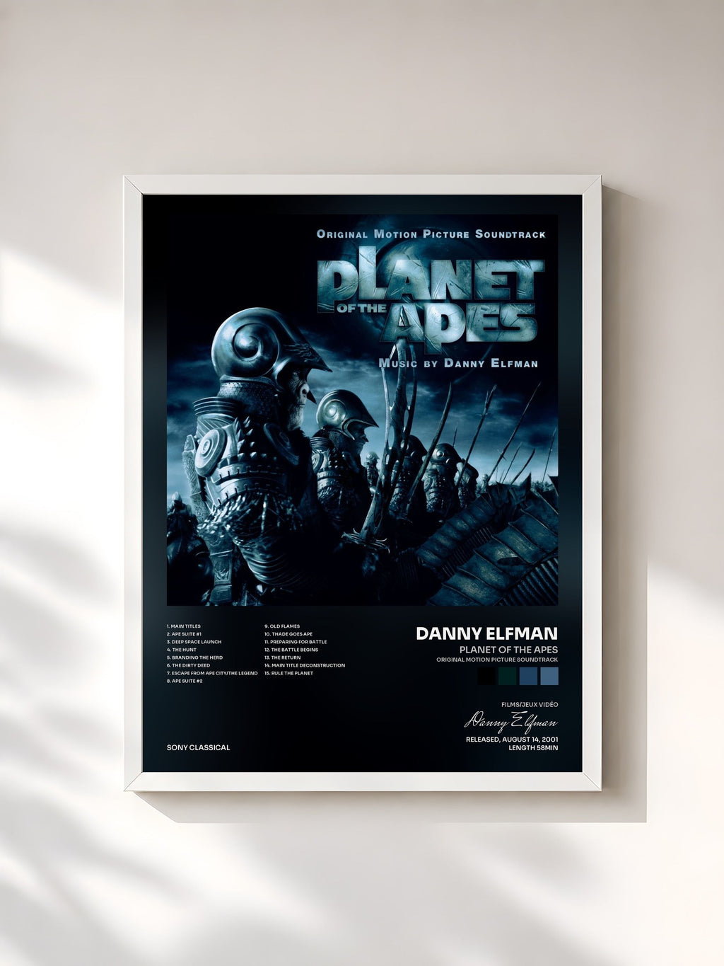 #blanc Planet of the Apes (Original Motion Picture Soundtrack) by Danny Elfman as a framed art print, white frame, printed and framed in France
