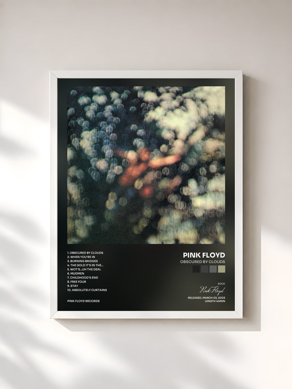 #blanc Tableau de l'album Obscured by Clouds de Pink Floyd, cadre blanc, imprimé et encadré en France