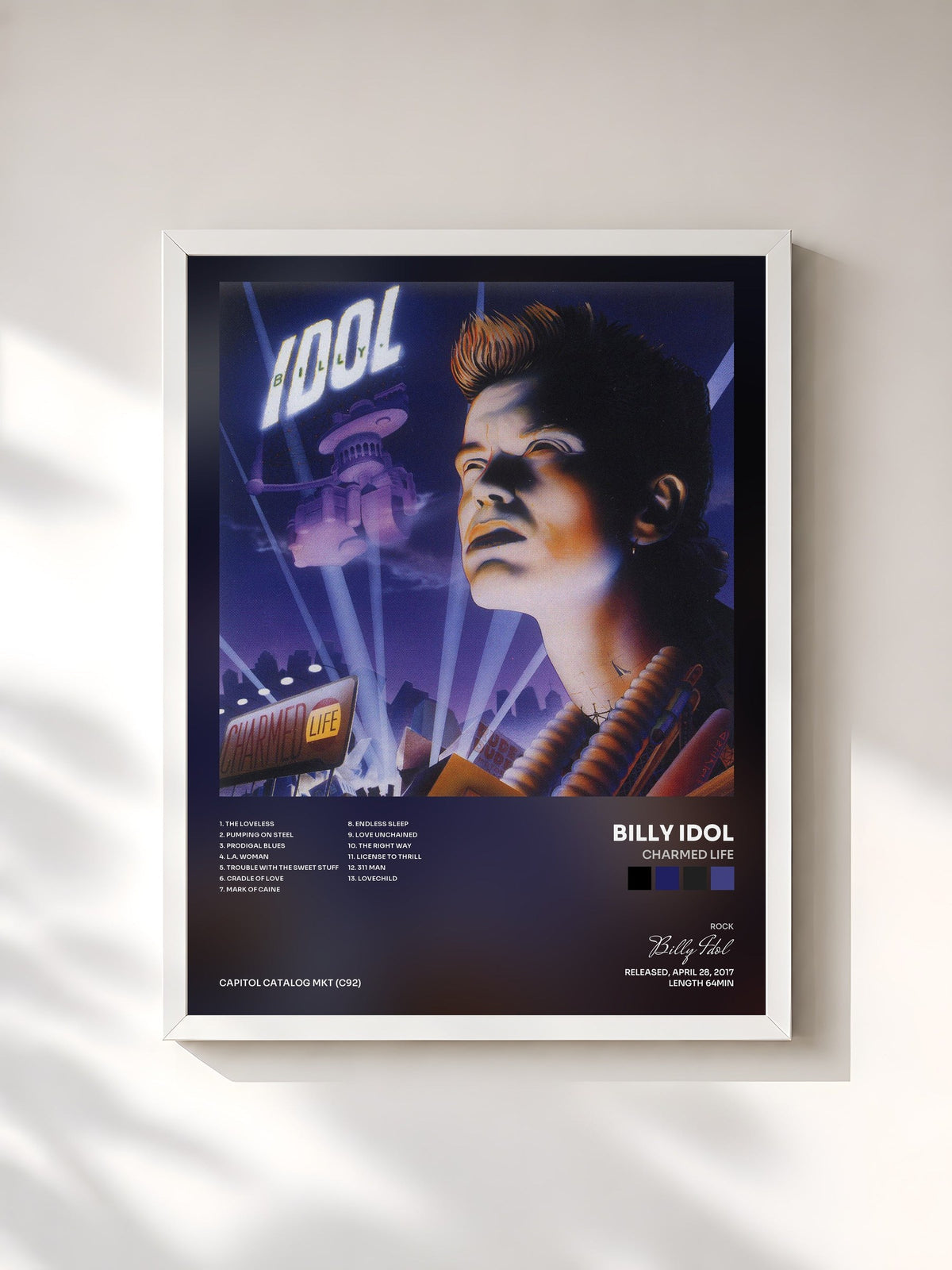 #blanc Tableau de l'album Charmed Life de Billy Idol, cadre blanc, imprimé et encadré en France