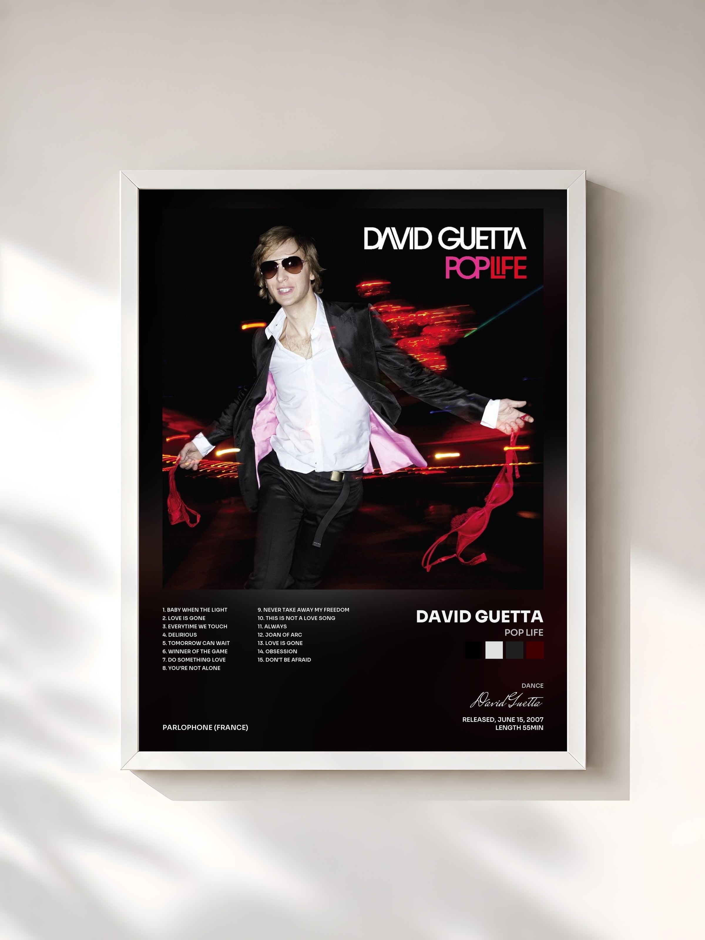 #blanc Tableau de l'album Pop Life de David Guetta, cadre blanc, imprimé et encadré en France