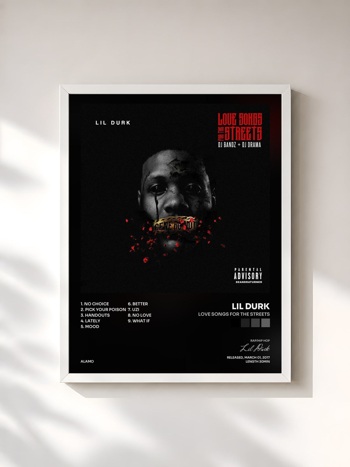 #blanc Tableau de l'album Love Songs for the Streets de Lil Durk, cadre blanc, imprimé et encadré en France
