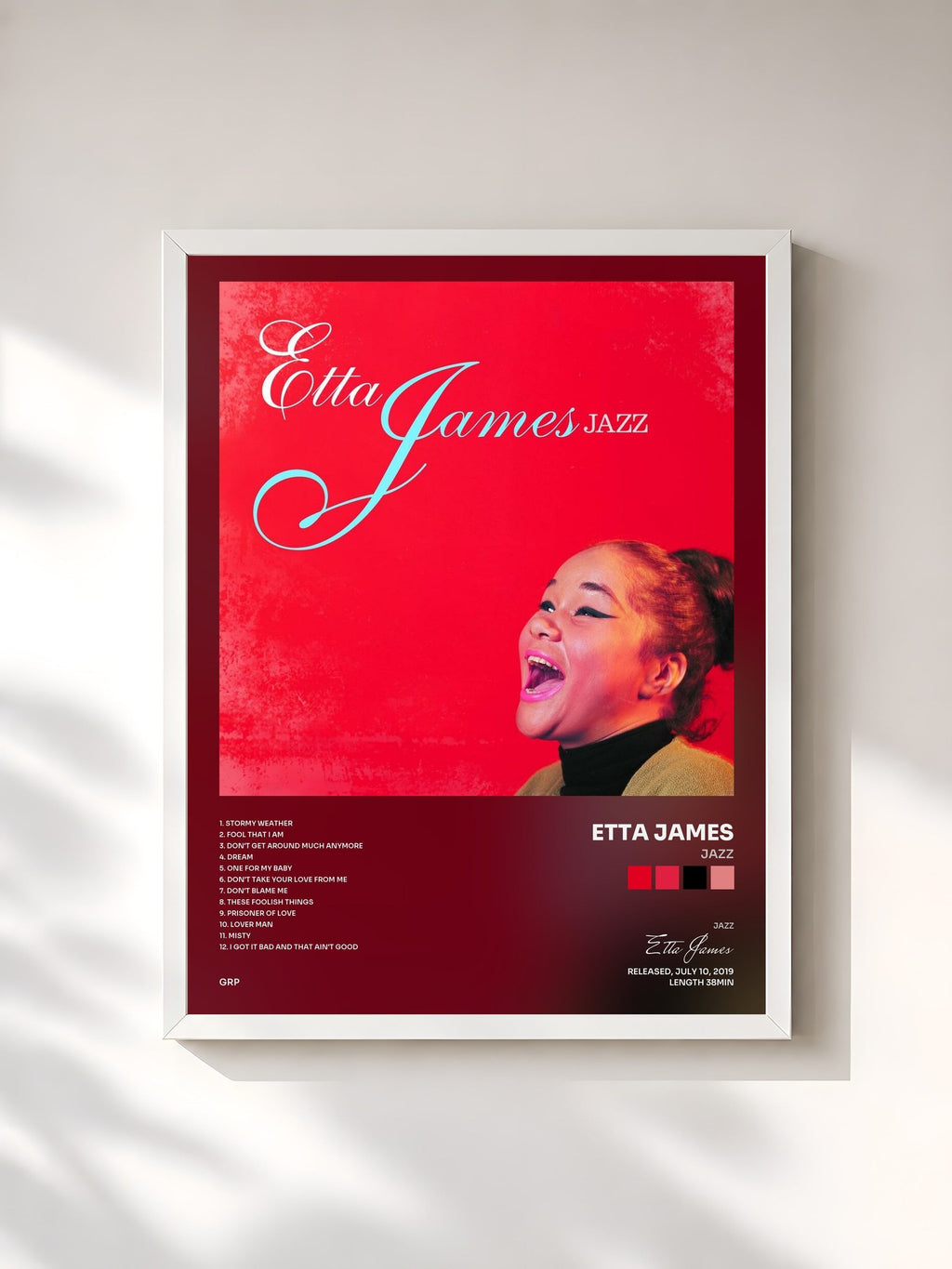 #blanc Tableau de l'album Jazz de Etta James, cadre blanc, imprimé et encadré en France