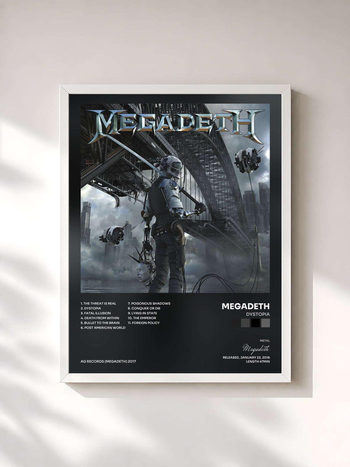 #blanc Tableau de l'album Dystopia de Megadeth, cadre blanc, imprimé et encadré en France