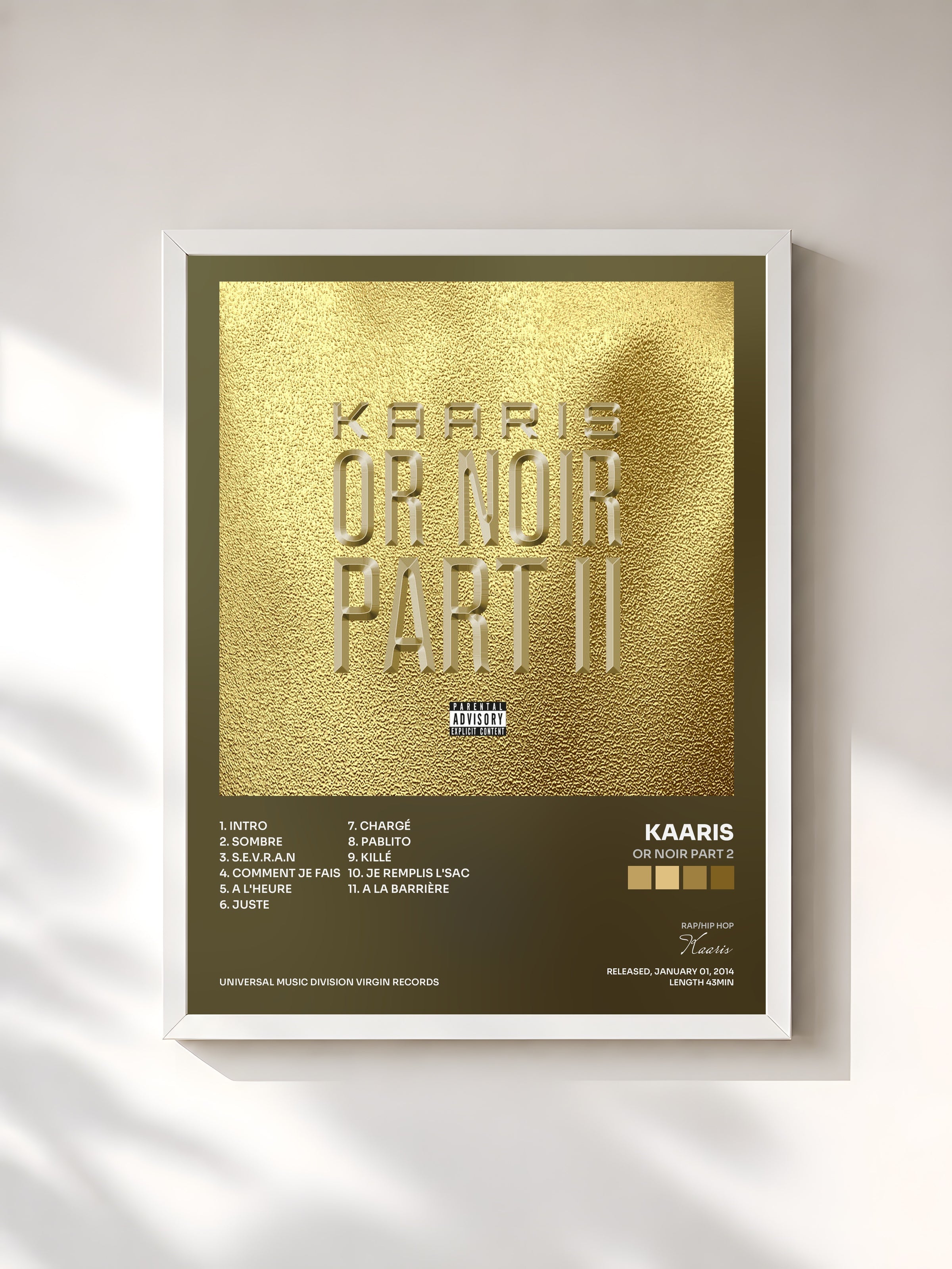 #blanc Tableau de l'album Or Noir Part 2 de Kaaris, cadre blanc, imprimé et encadré en France