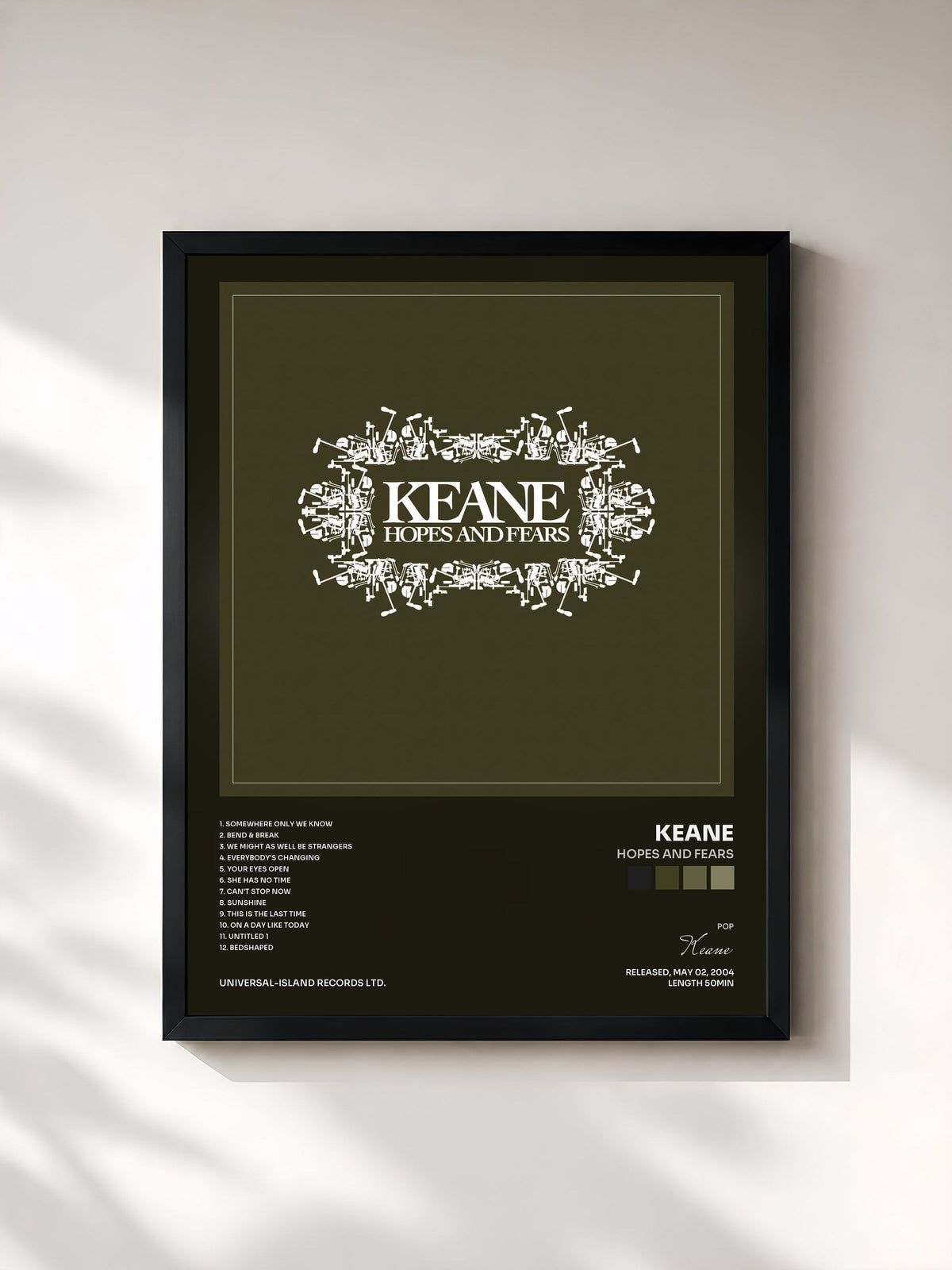 #noir Tableau de l'album Hopes And Fears de Keane, cadre noir, imprimé et encadré en France