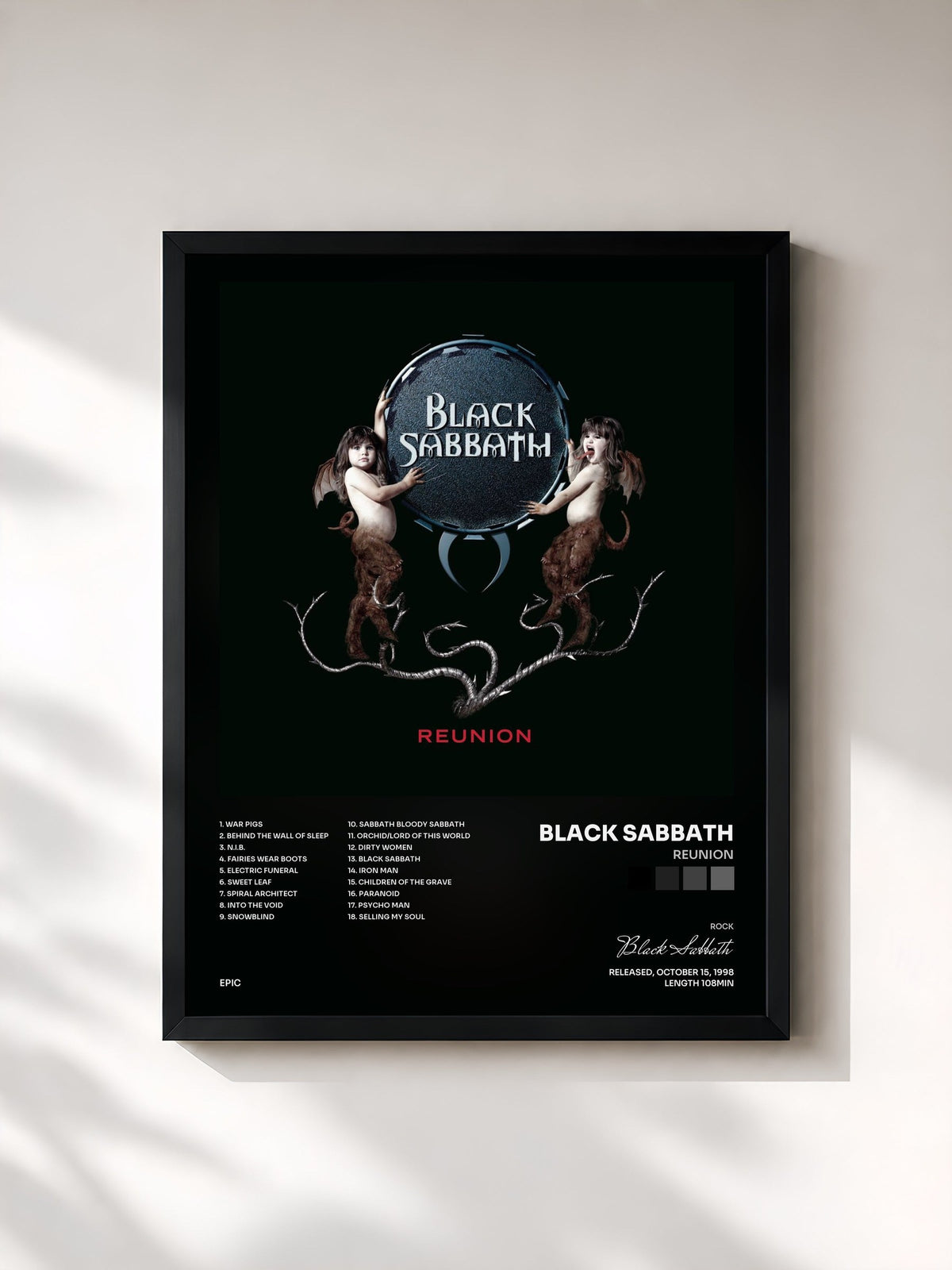 #noir Tableau de l'album Reunion de Black Sabbath, cadre noir, imprimé et encadré en France