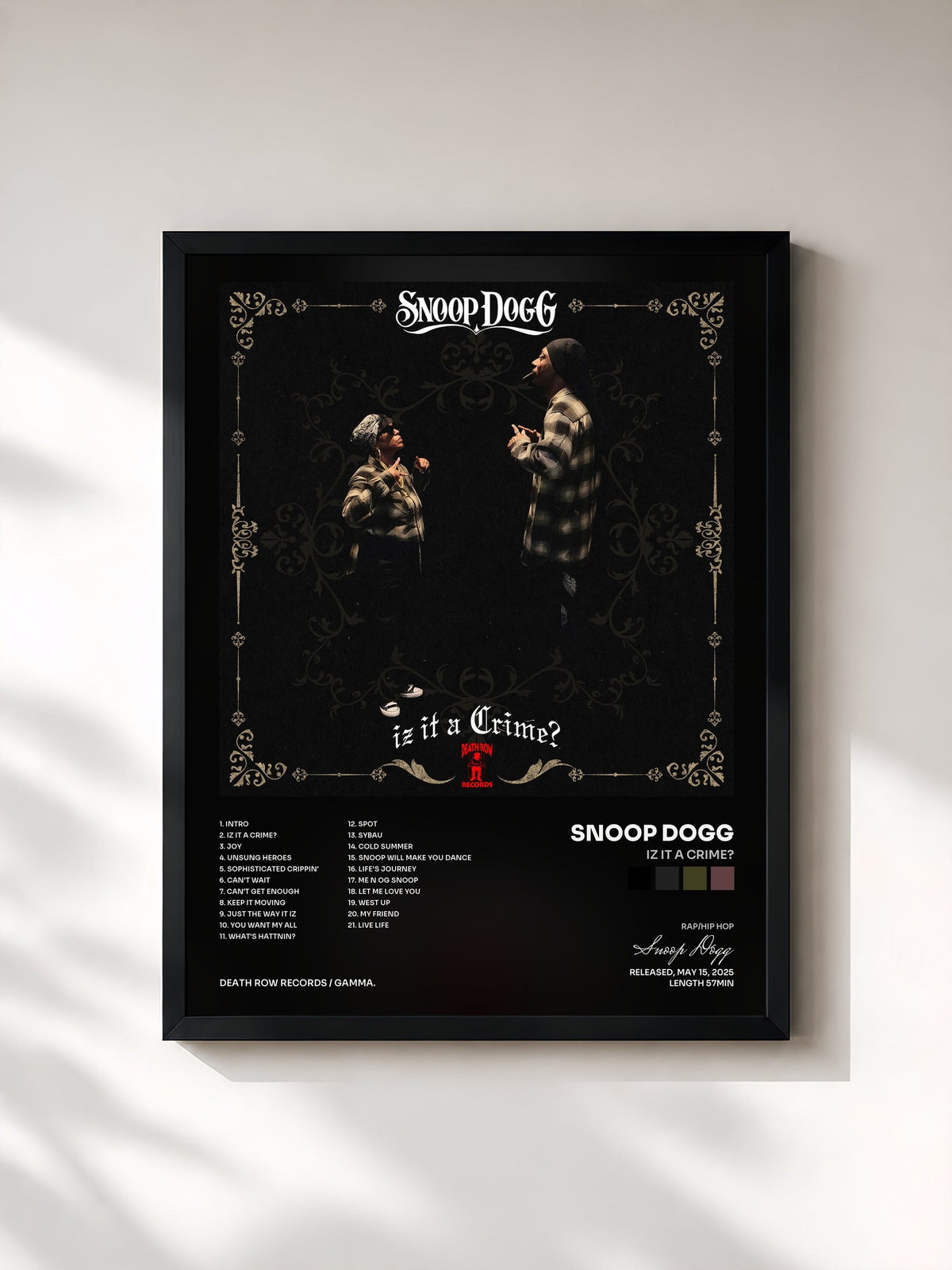 #noir Tableau de l'album Iz It a Crime? de Snoop Dogg, cadre noir, imprimé et encadré en France