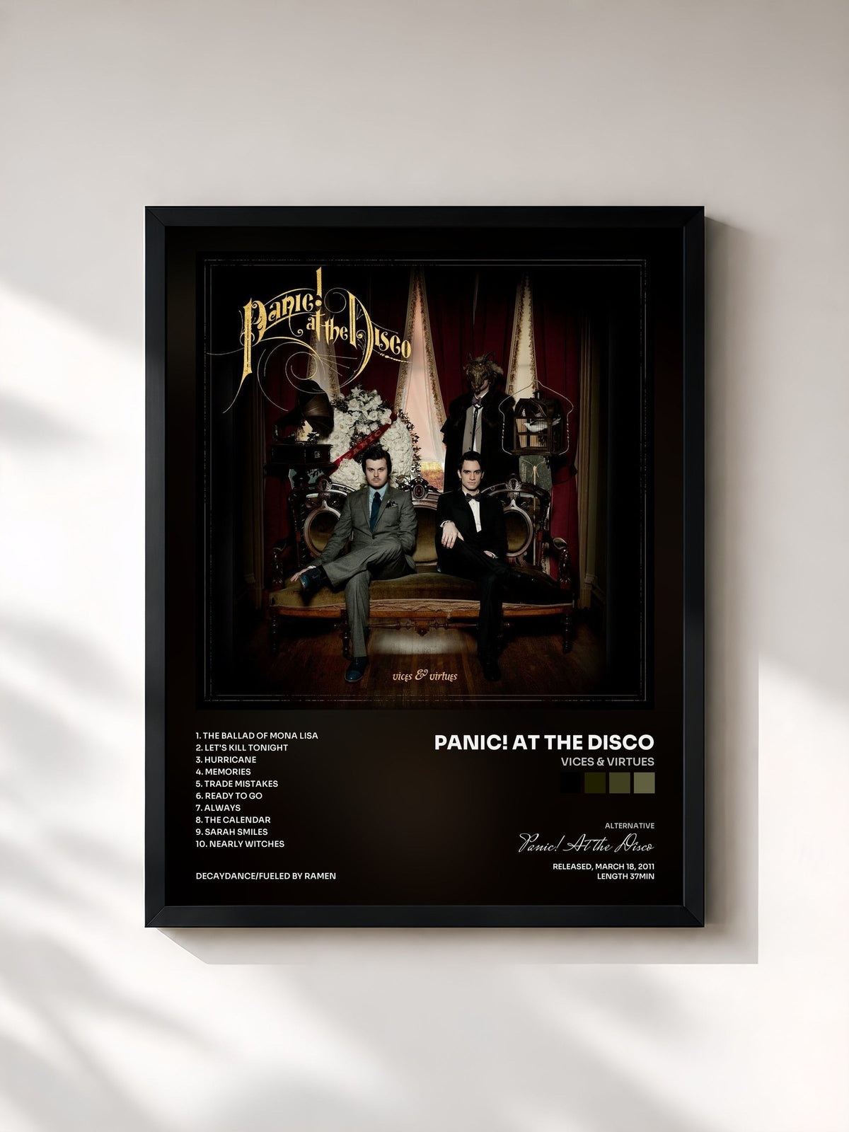 #noir Tableau de l'album Vices & Virtues de Panic! At the Disco, cadre noir, imprimé et encadré en France