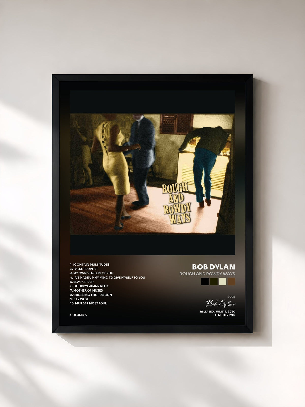 #noir Tableau de l'album Rough and Rowdy Ways de Bob Dylan, cadre noir, imprimé et encadré en France