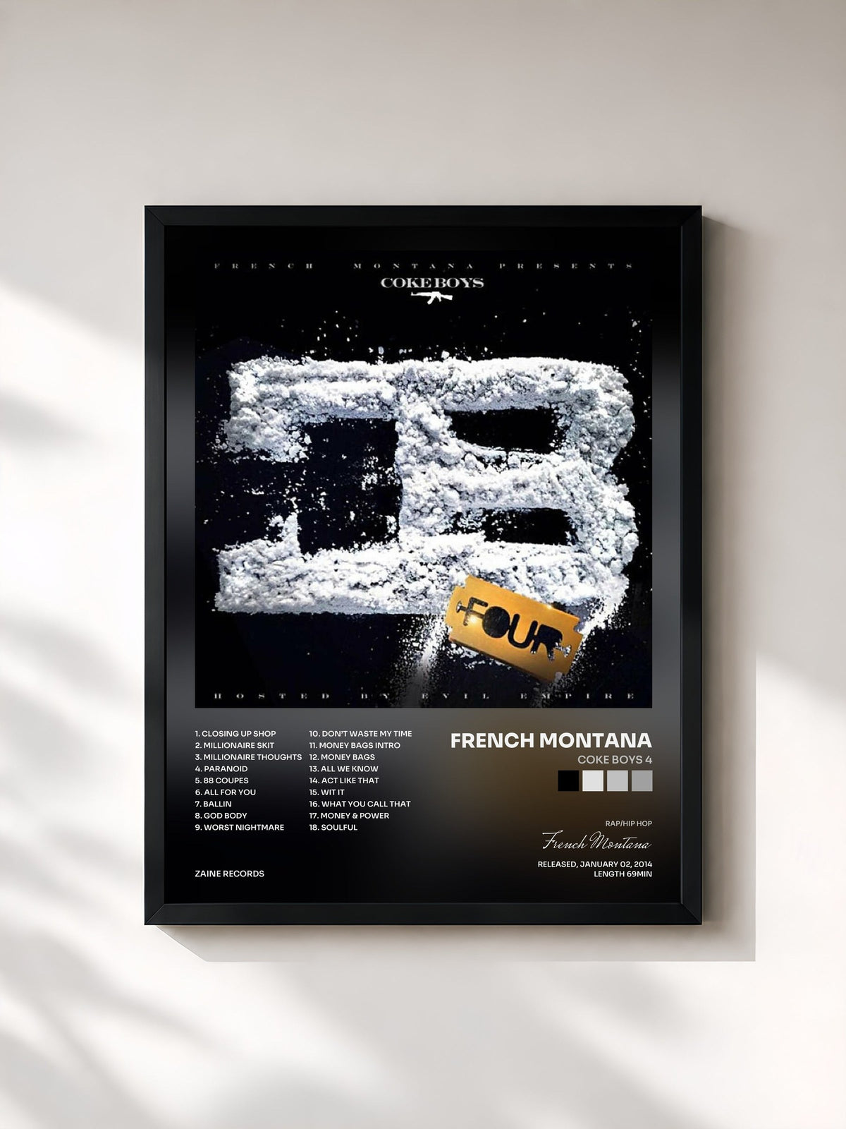 #noir Tableau de l'album Coke Boys 4 de French Montana, cadre noir, imprimé et encadré en France