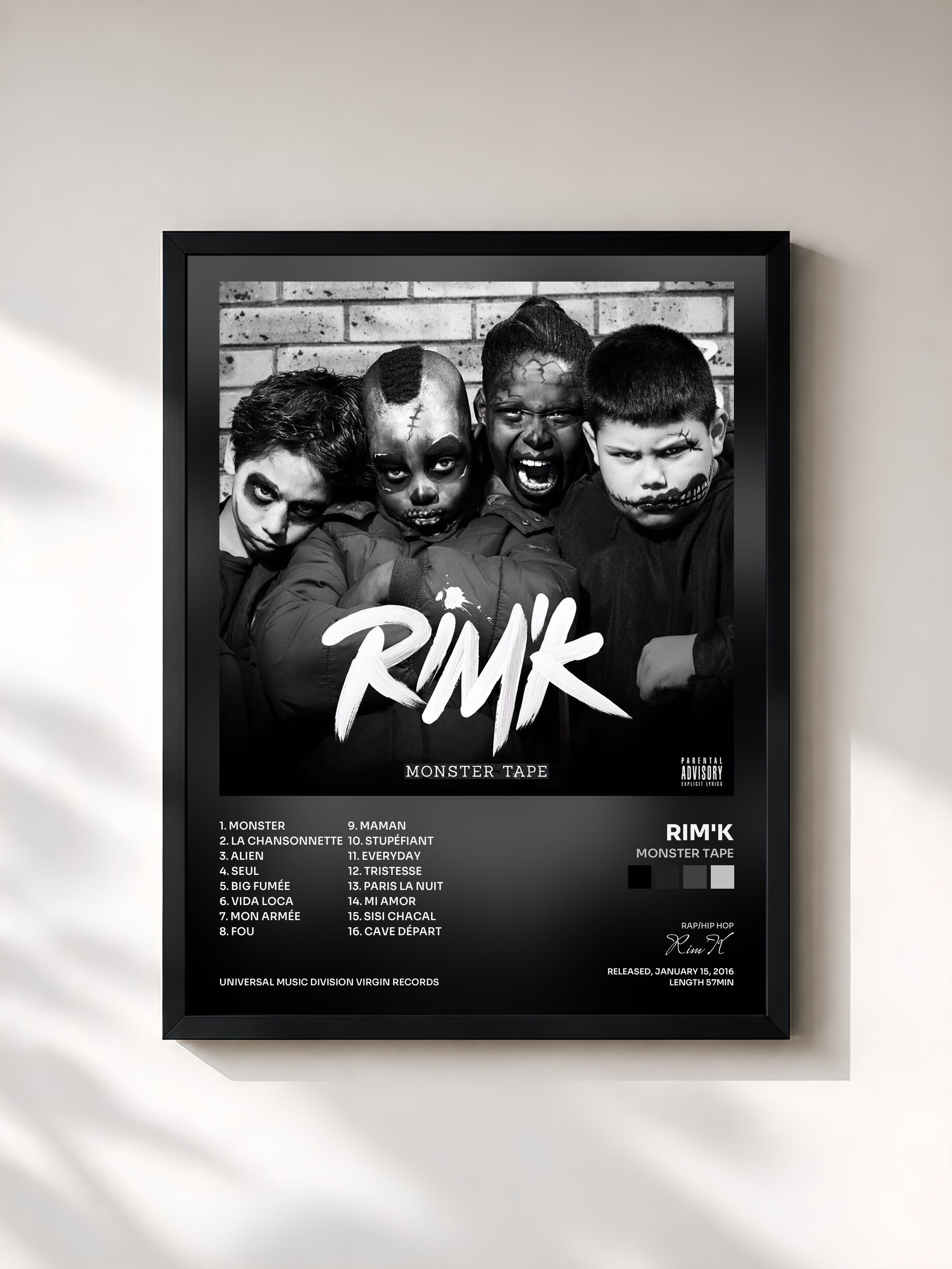#noir Tableau de l'album Monster Tape de Rim'K, cadre noir, imprimé et encadré en France