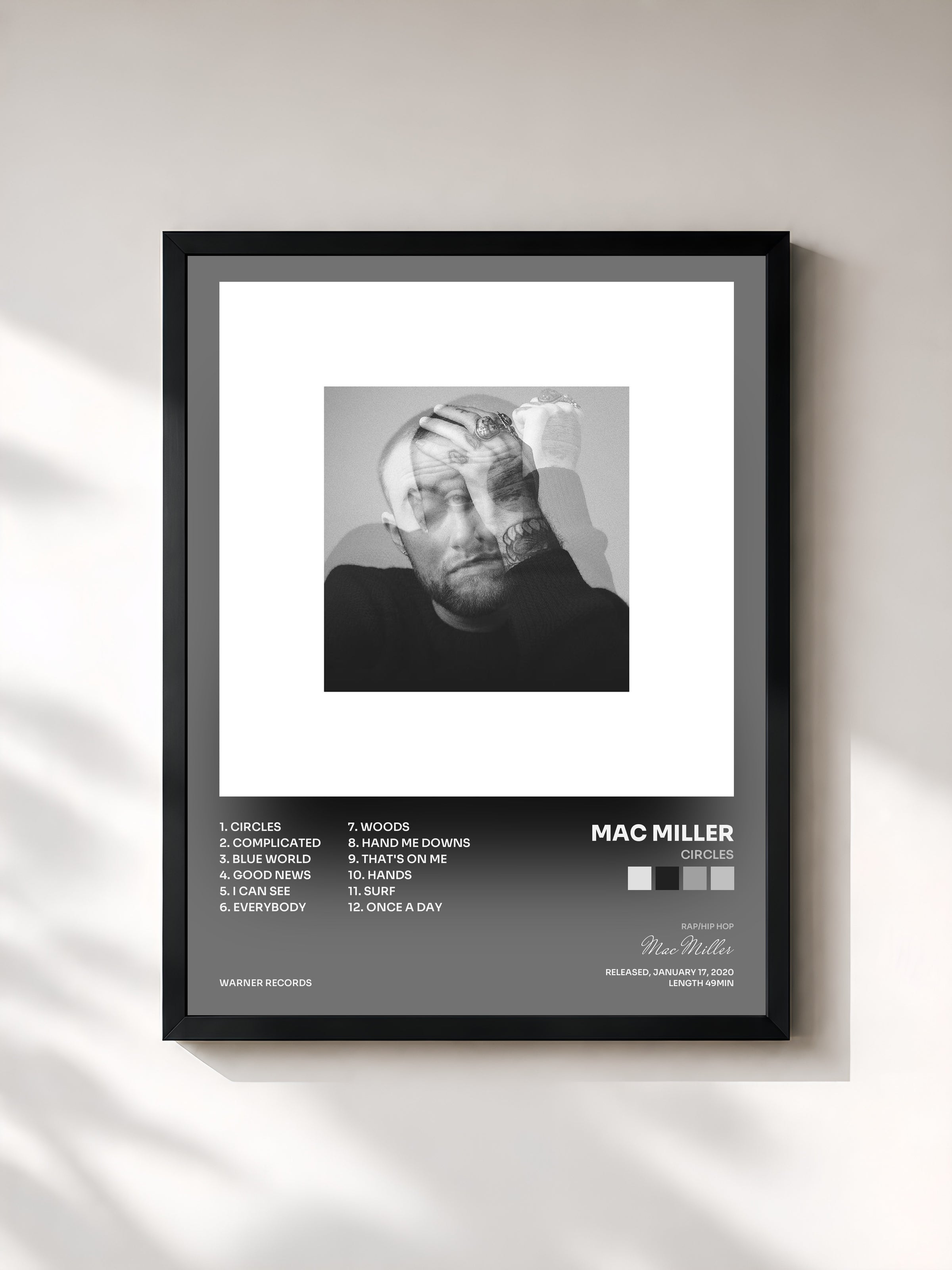 #noir Tableau de l'album Circles de Mac Miller, cadre noir, imprimé et encadré en France