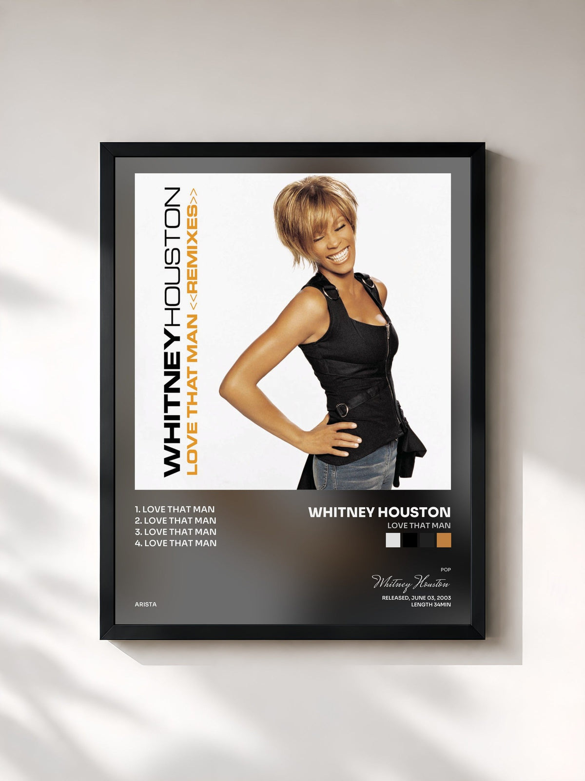 #noir Tableau de l'album Love That Man de Whitney Houston, cadre noir, imprimé et encadré en France