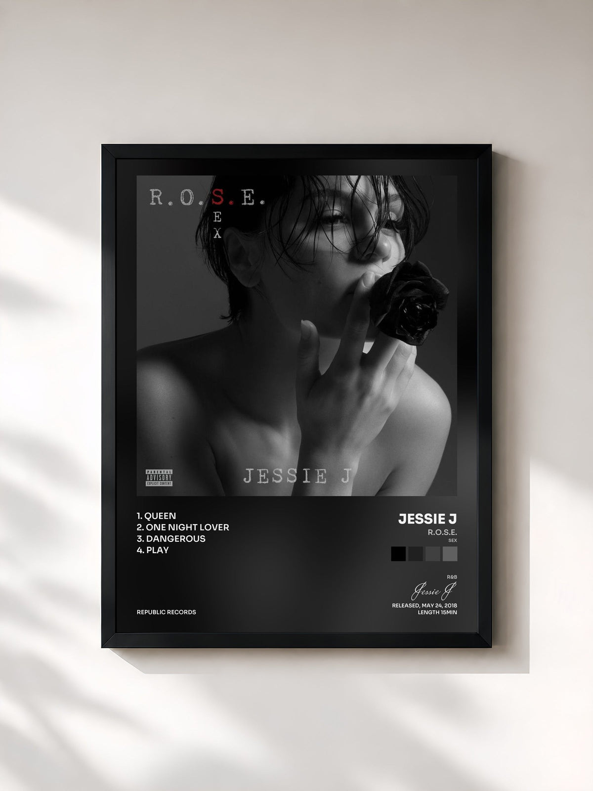 #noir Tableau de l'album R.O.S.E. (Sex) de Jessie J, cadre noir, imprimé et encadré en France
