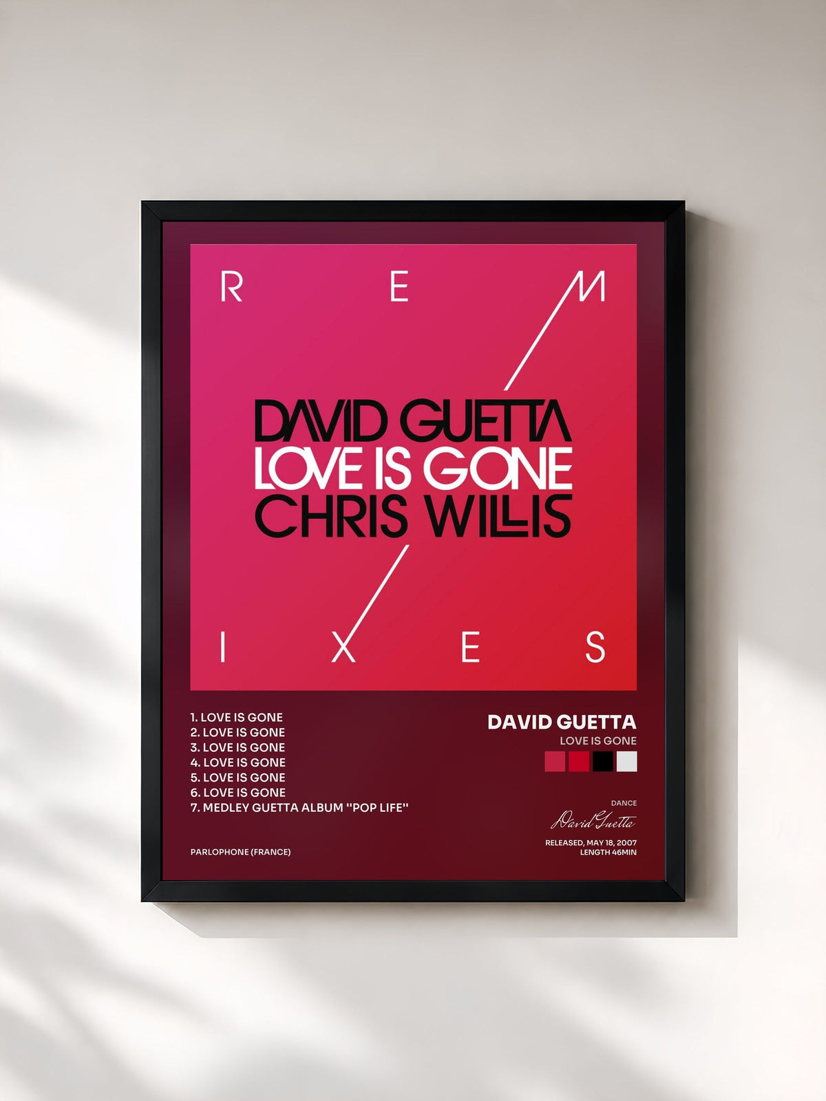 #noir Tableau de l'album Love Is Gone de David Guetta, cadre noir, imprimé et encadré en France