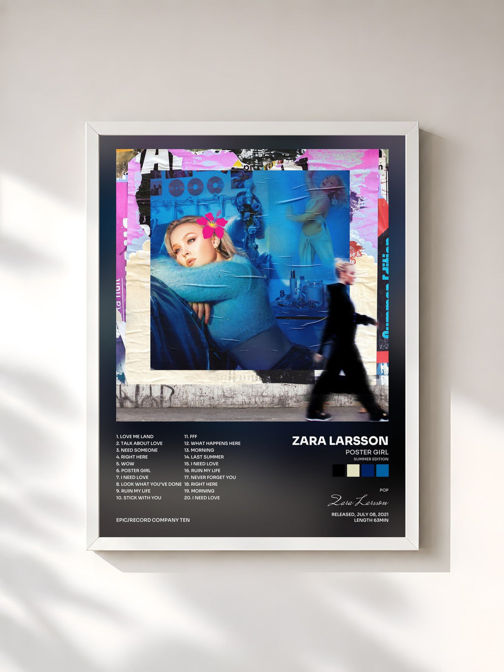 #blanc Tableau de l'album Poster Girl (Summer Edition) de Zara Larsson, cadre blanc, imprimé et encadré en France